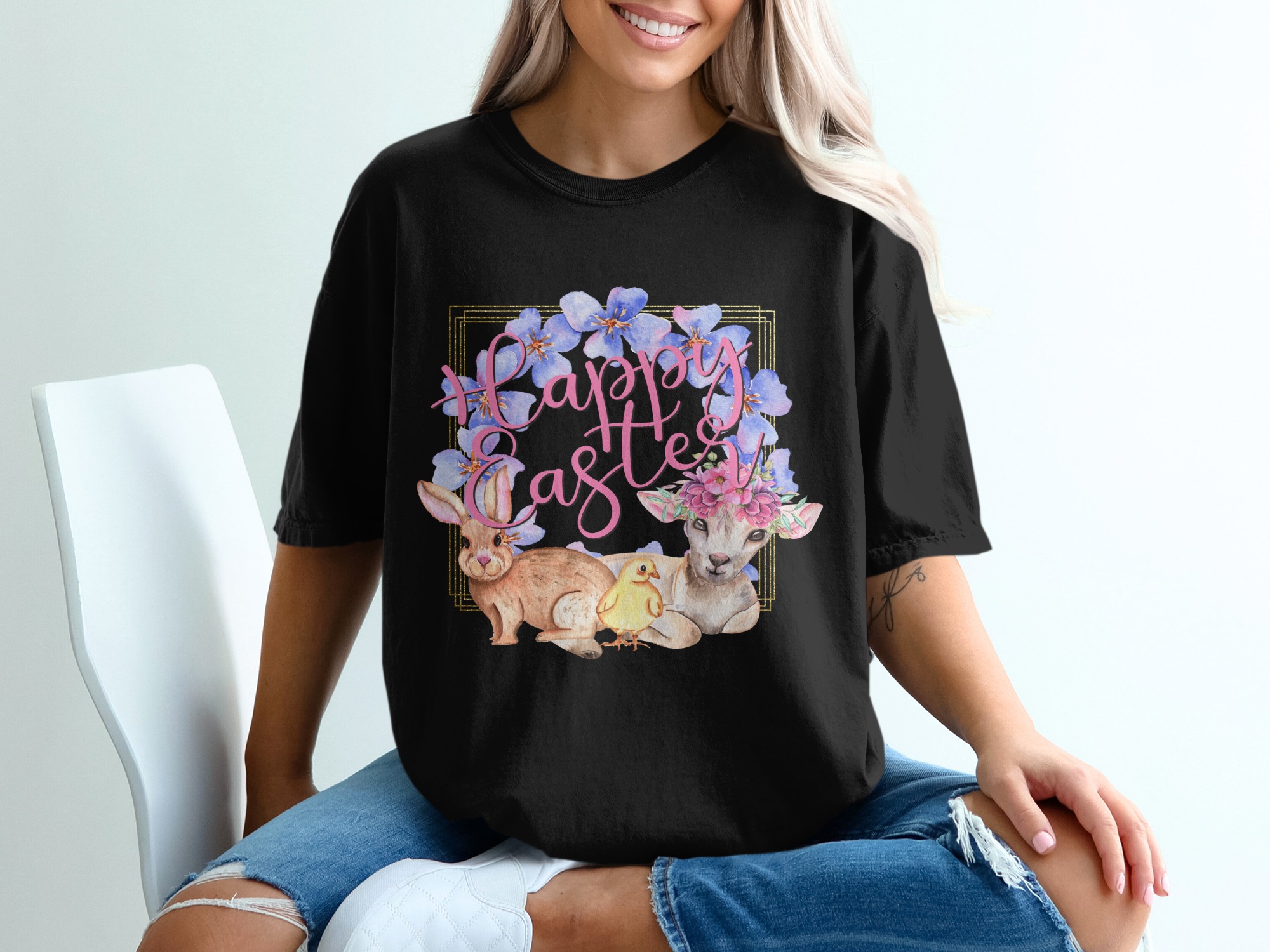 Happy Easter T-Shirt, Floral Easter T-Shirt, Bunny Chick Lamb Shirt, Easter Animals Tee, Watercolor Holiday Shirt, Spring Easter Apparel - Image 2