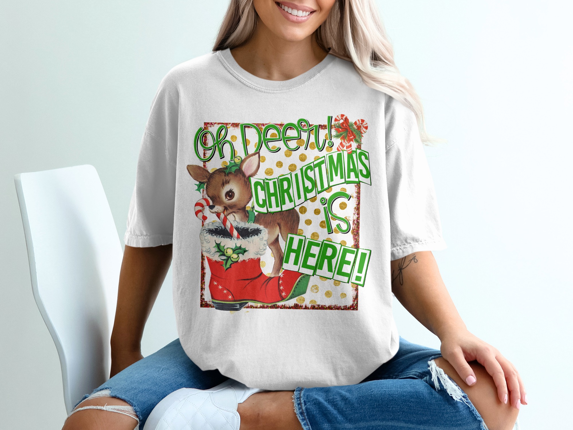 Oh Deer Christmas T-Shirt, Reindeer Tee, Christmas is Here Shirt, Festive T-Shirt, Holiday Apparel, Cute Reindeer T-Shirt, Winter Tee