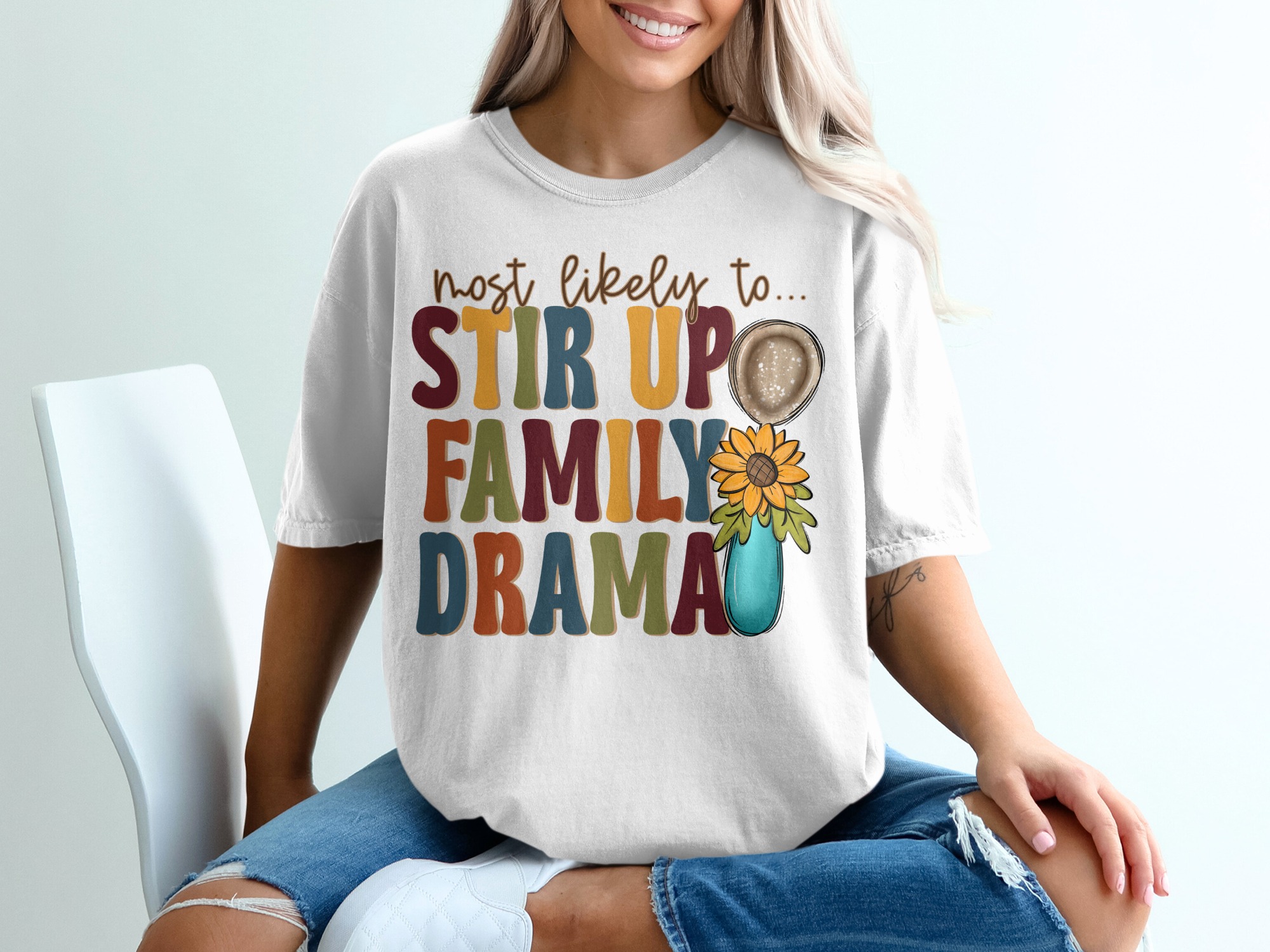 Most Likely To Stir Up Family Drama T-Shirt, Funny Family Shirt, Sunflower Shirt, Humorous Family Gift, Retro Family Tee