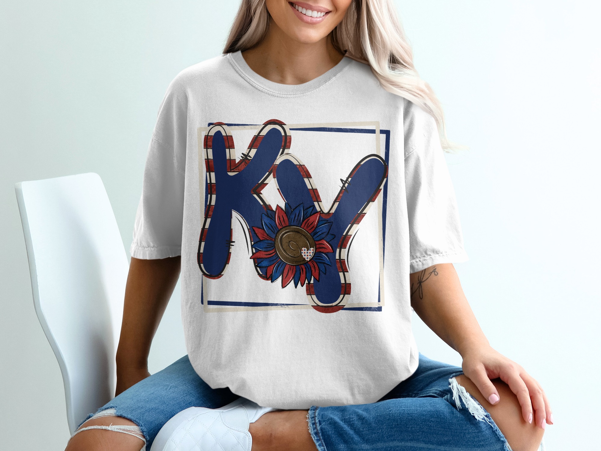 Patriotic KY State T-Shirt, Sunflower Heart Shirt, Kentucky Pride Tee, USA Colors, Red White Blue Shirt, Gift For Kentuckians T-Shirt
