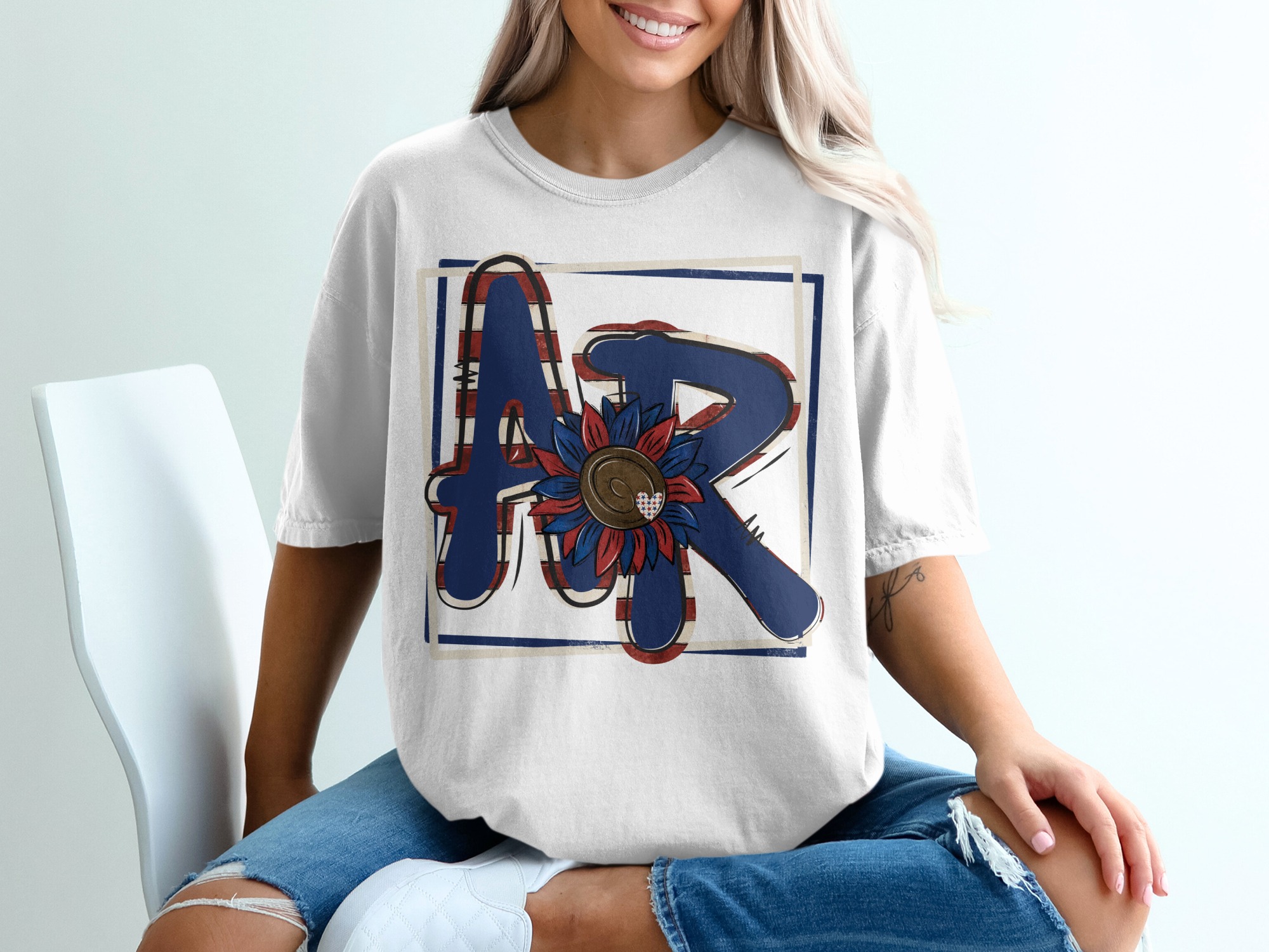 AR Sunflower T-Shirt, American Flag Letters Tee, Patriotic Graphic Top, USA Pride Shirt, Red White Blue Flower, Country Style Tee