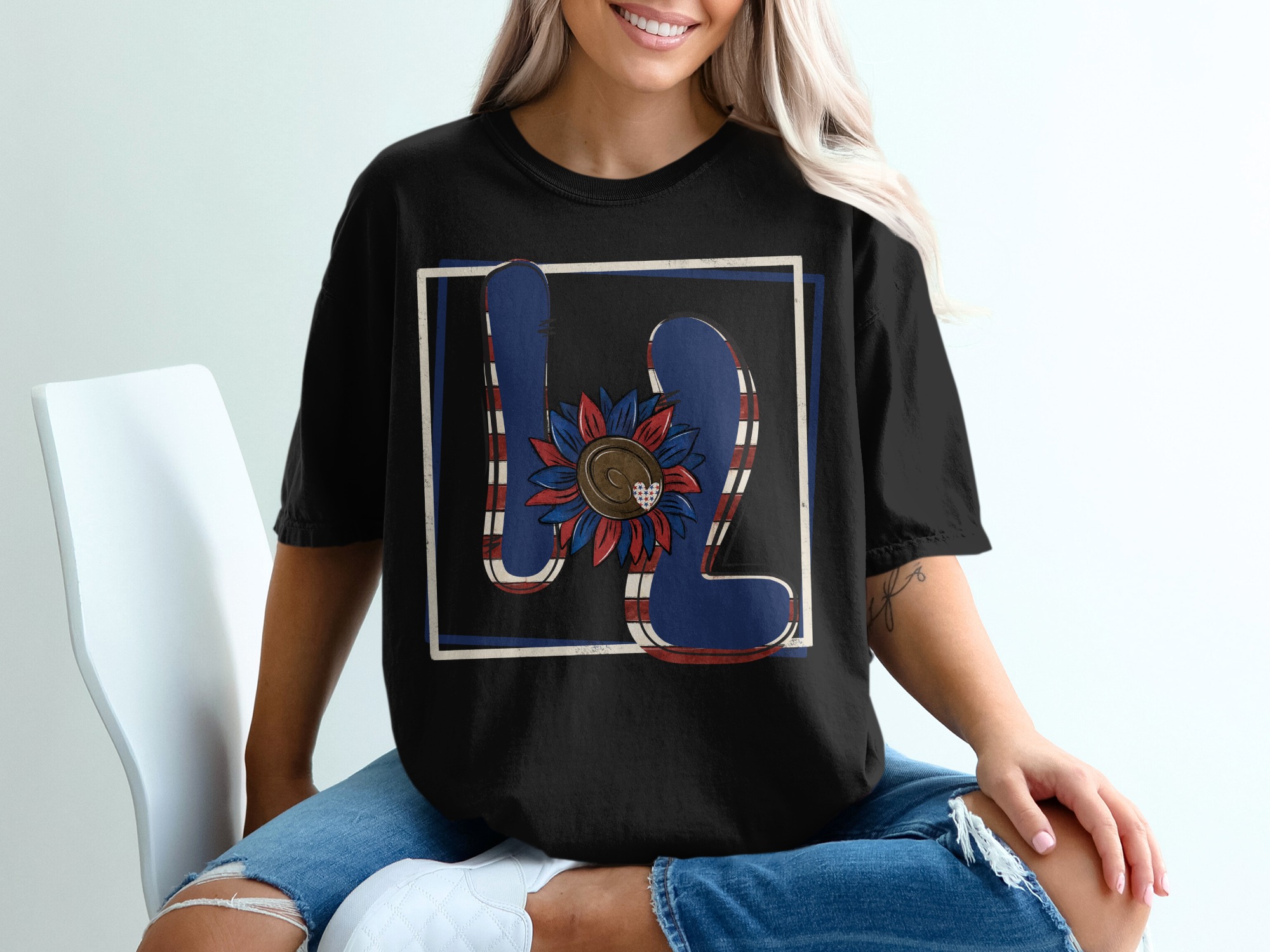 Patriotic H2 T-Shirt Design, USA Flag Sunflower Shirt, Fourth of July Tee, American Pride Shirt, Patriotic Gift, Gift for Her, Him, Them - Image 2