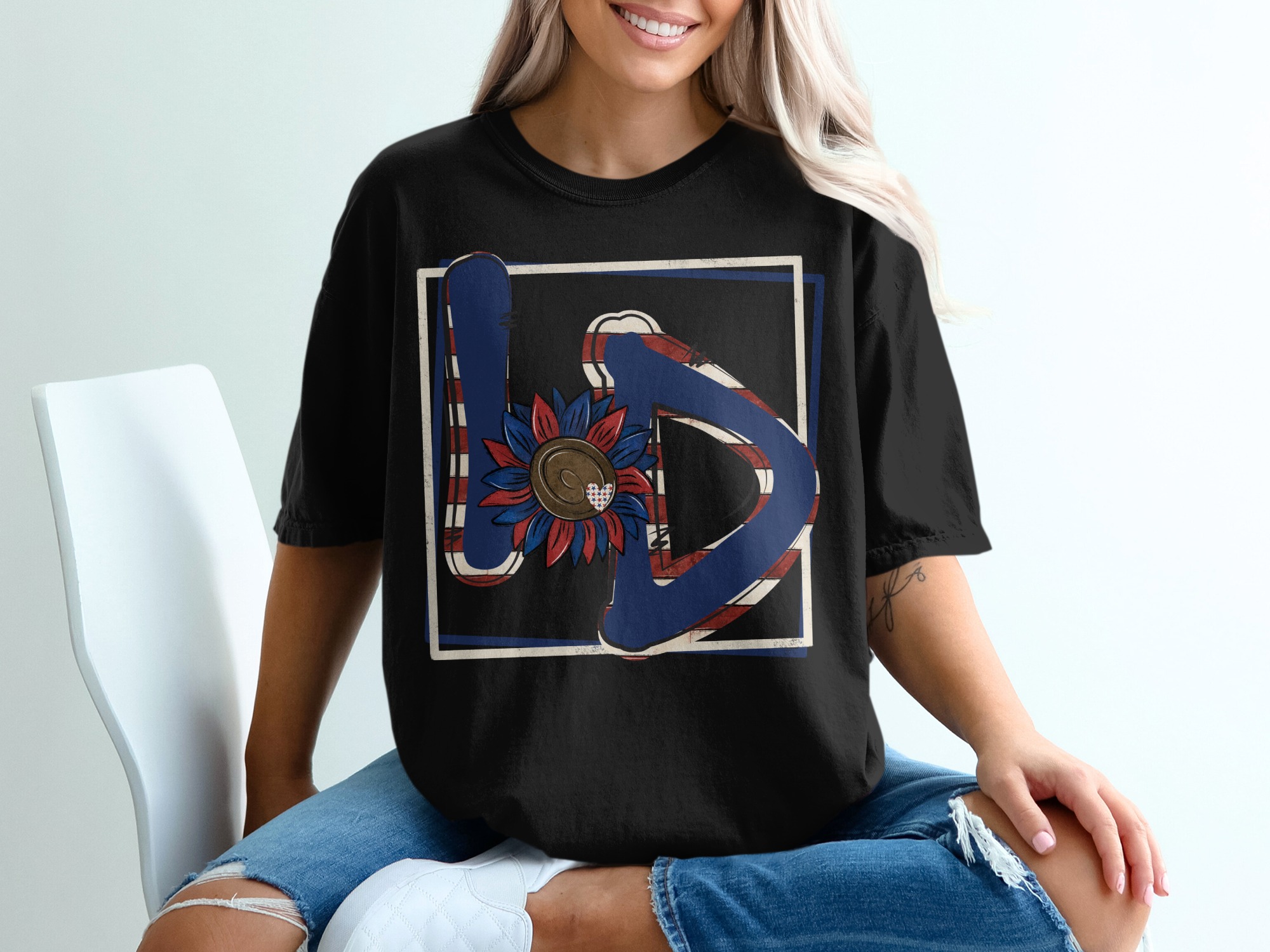 Patriotic LD Sunflower T-Shirt, Fourth of July Tee, USA Pride, American Flag, Independence Day Gift, Patriotic Initial T Shirt Design - Image 2