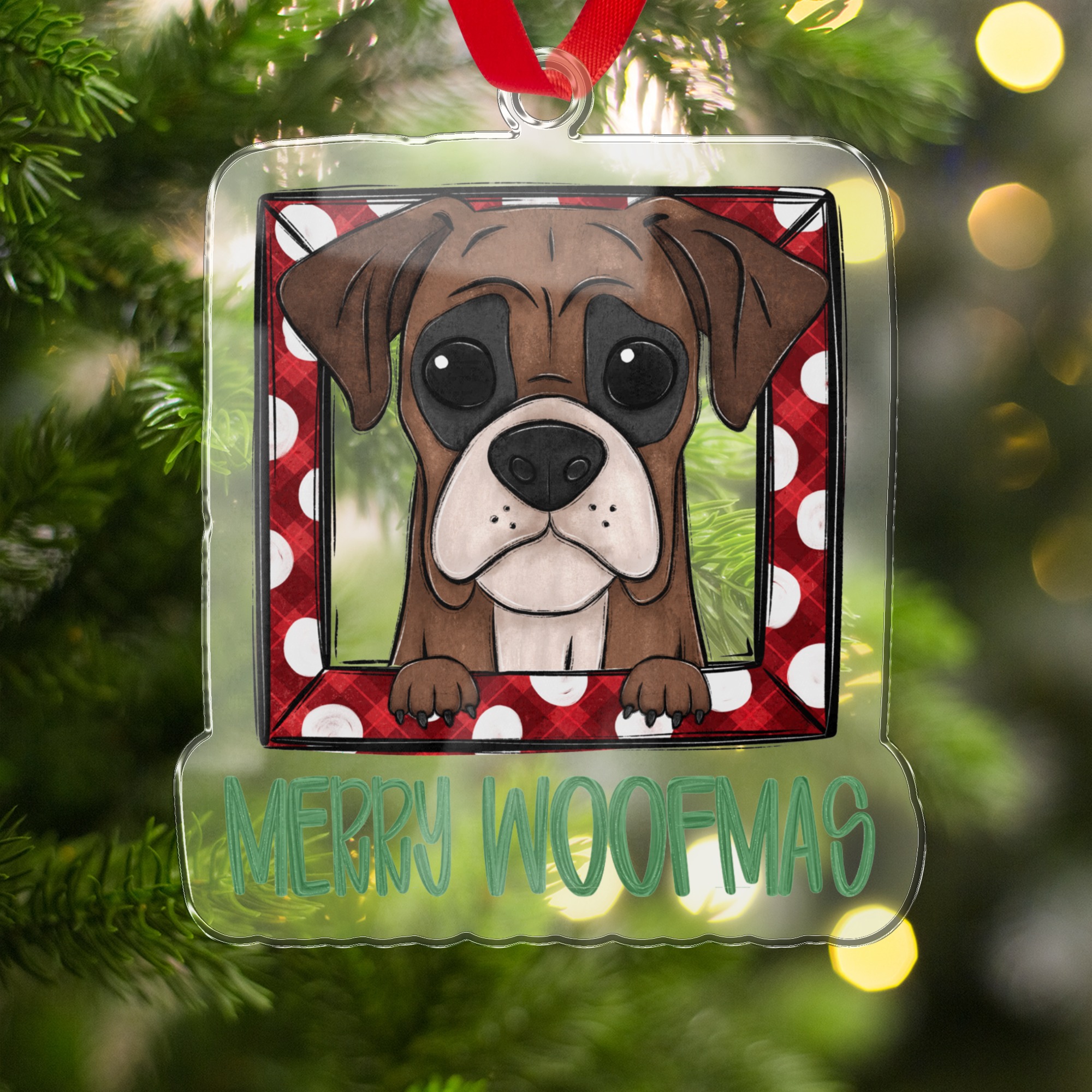 Fun Christmas Dog Ornament, Merry Woofmas Holiday Ornament, Cute Boxer Dog Christmas Decoration, Polka Dot Frame Dog Ornament
