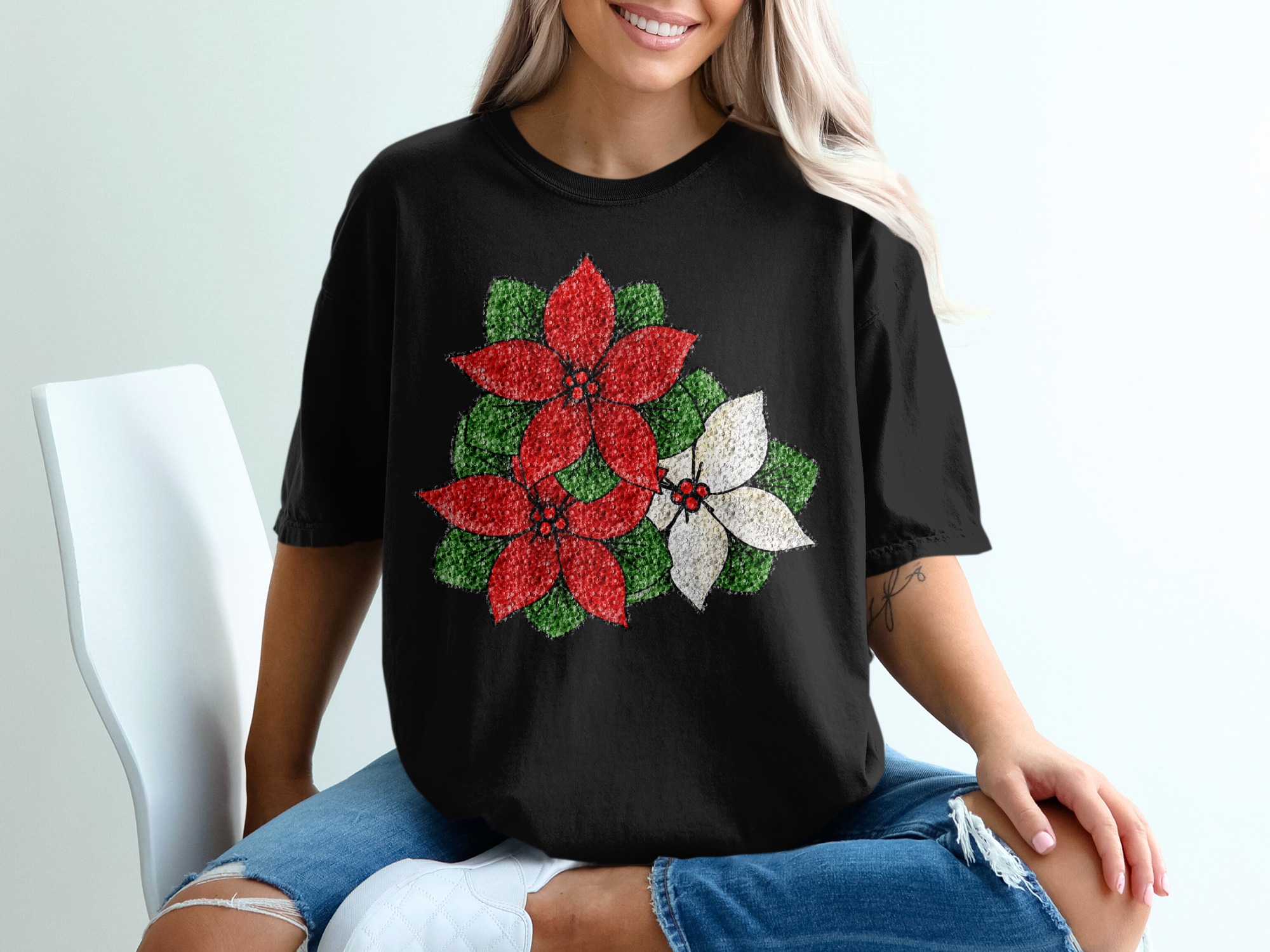 Poinsettia T Shirt, Christmas Floral Shirt, Holiday Season Tee, Red White Green Flower Top, Botanical T Shirt, Festive Outfit, Gift For Her - Image 2