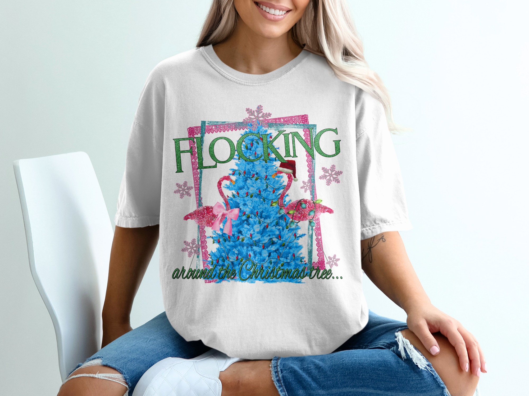 Flocking Around Christmas Tree T-Shirt, Flamingo Tee, Holiday Shirt, Festive Apparel, Funny Christmas T-Shirt, Xmas Gift Idea