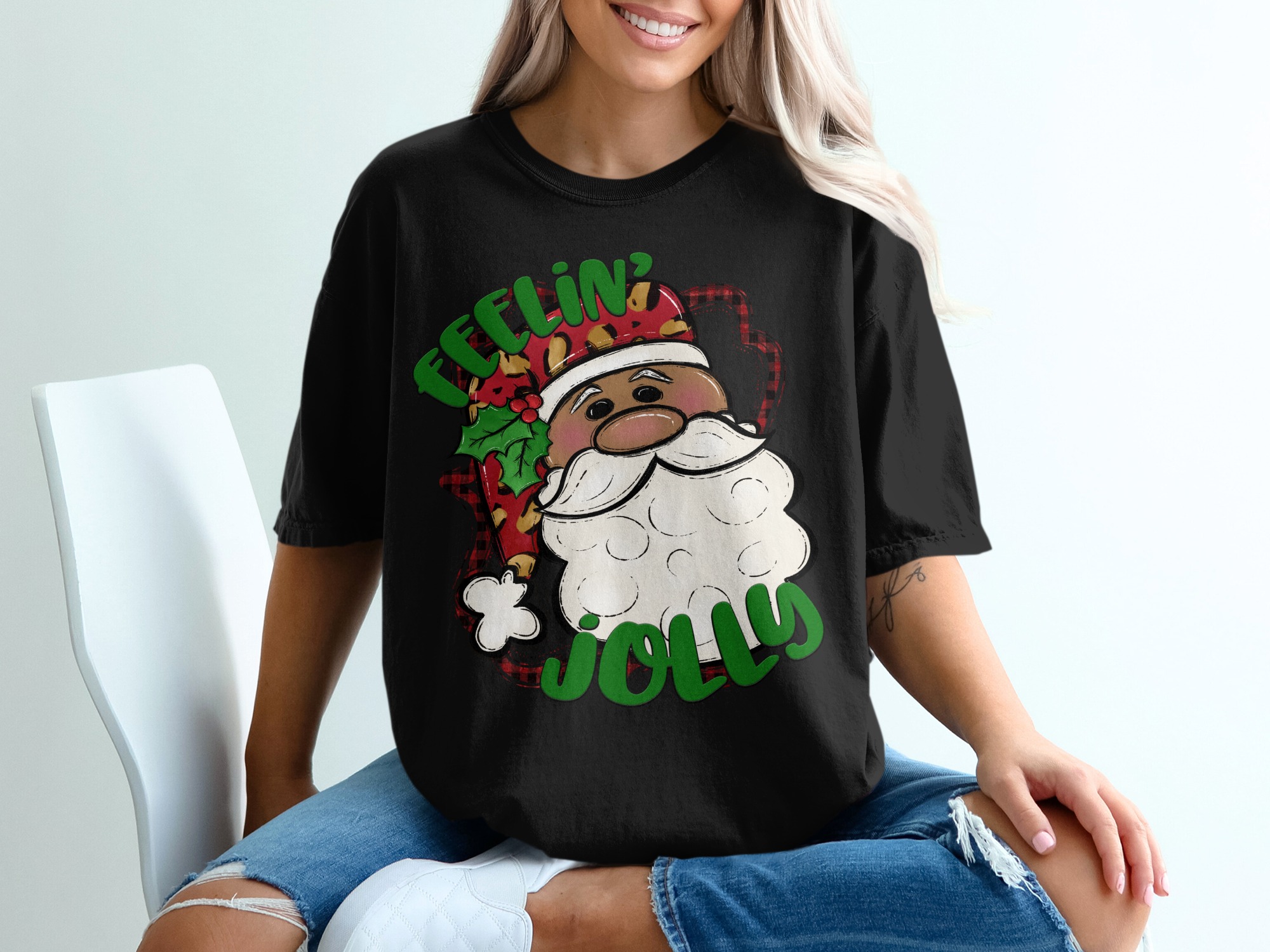 Feelin Jolly Santa T-Shirt, African American Santa Shirt, Christmas T Shirt, Holiday Tee, Cute Santa Claus Shirt, Xmas Gift Idea - Image 2