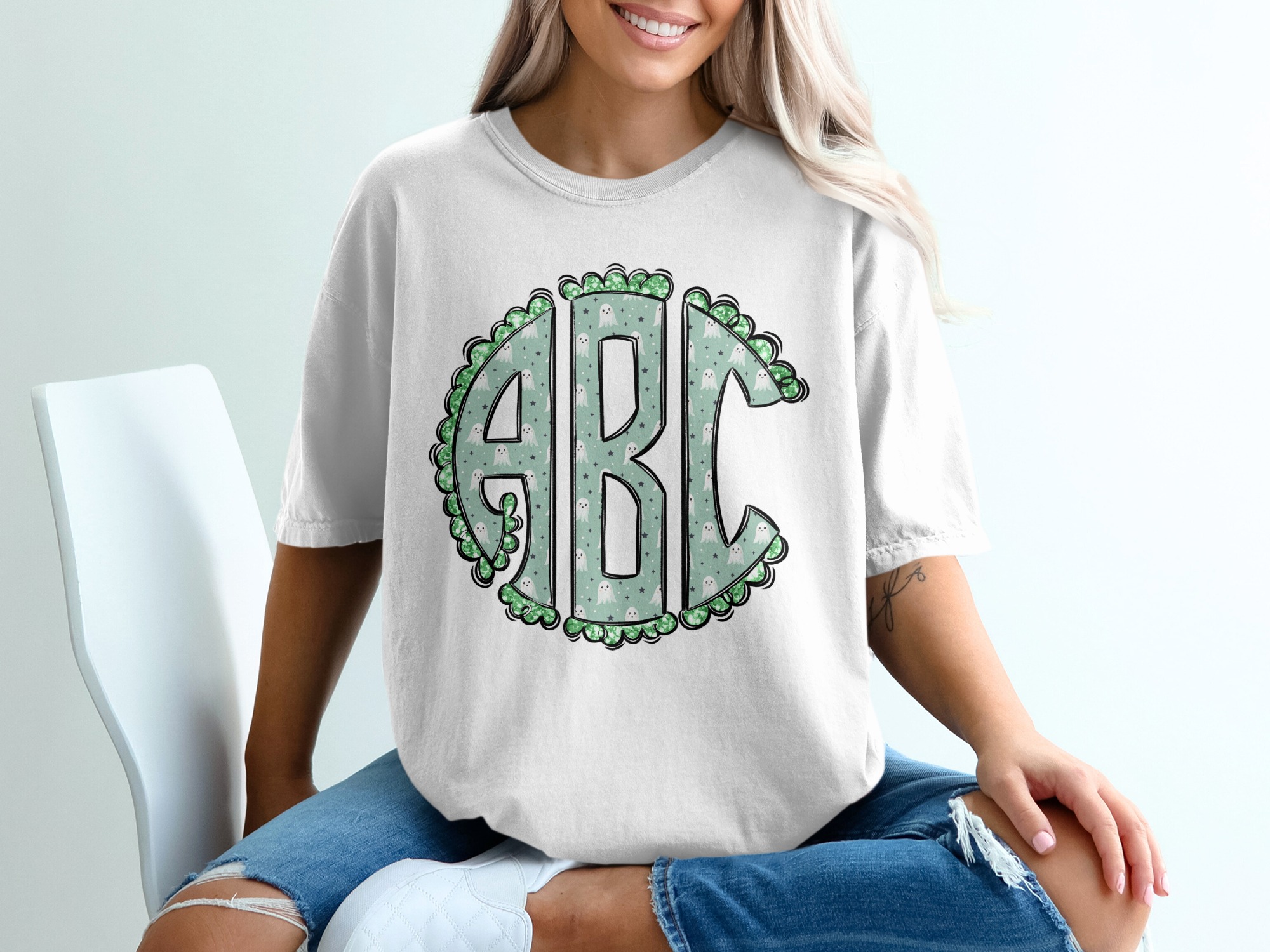 Ghost Monogram T-Shirt, Halloween Initial Shirt, Cute Spooky Letters Tee, Personalized ABC Shirt, Custom Ghost Name Shirt, Trendy T-Shirt