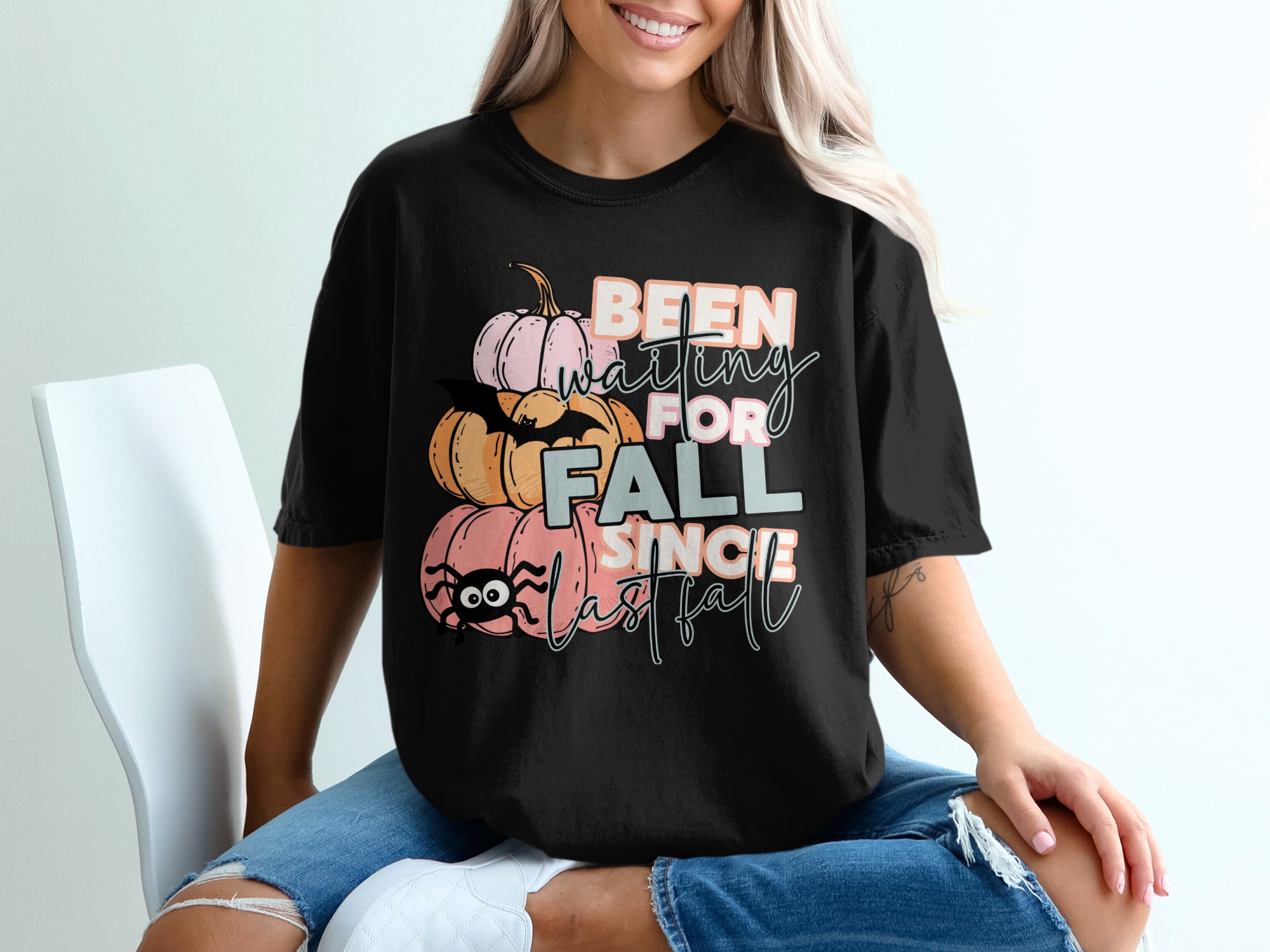 Waiting for Fall T-Shirt, Cute Pumpkin T-Shirt, Fall Lover Shirt, Halloween T-Shirt, Autumn Shirt, Spooky Season Tee, Bat and Spider Shirt - Image 2