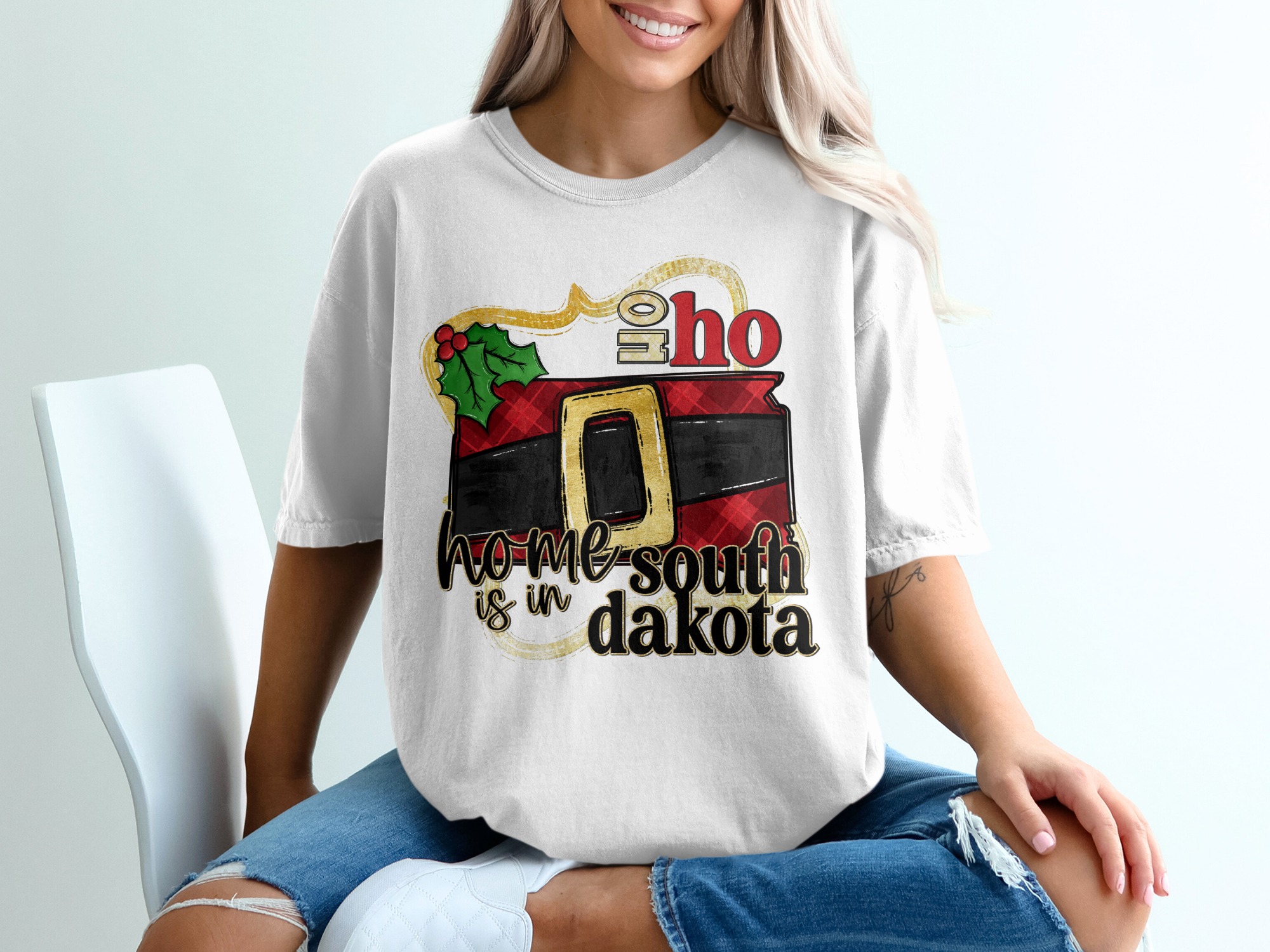 Home South Dakota T-Shirt, Ho Ho Ho, Christmas Gift, Dakota State Pride Tee, Santa Belt, Holiday Apparel, Christmas in Dakota, SD Pride