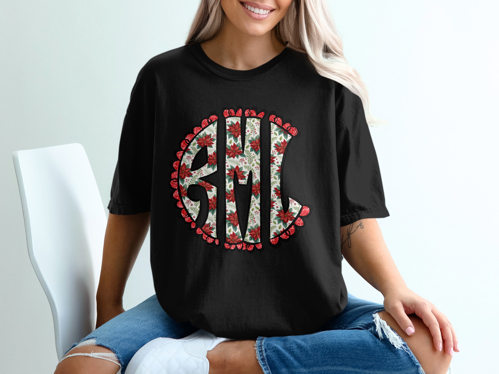 Floral Monogram T-Shirt, Christmas Poinsettia Letters Tee, Holiday Initials Shirt, Personalized Festive Apparel, Elegant Floral T-Shirt - Image 2