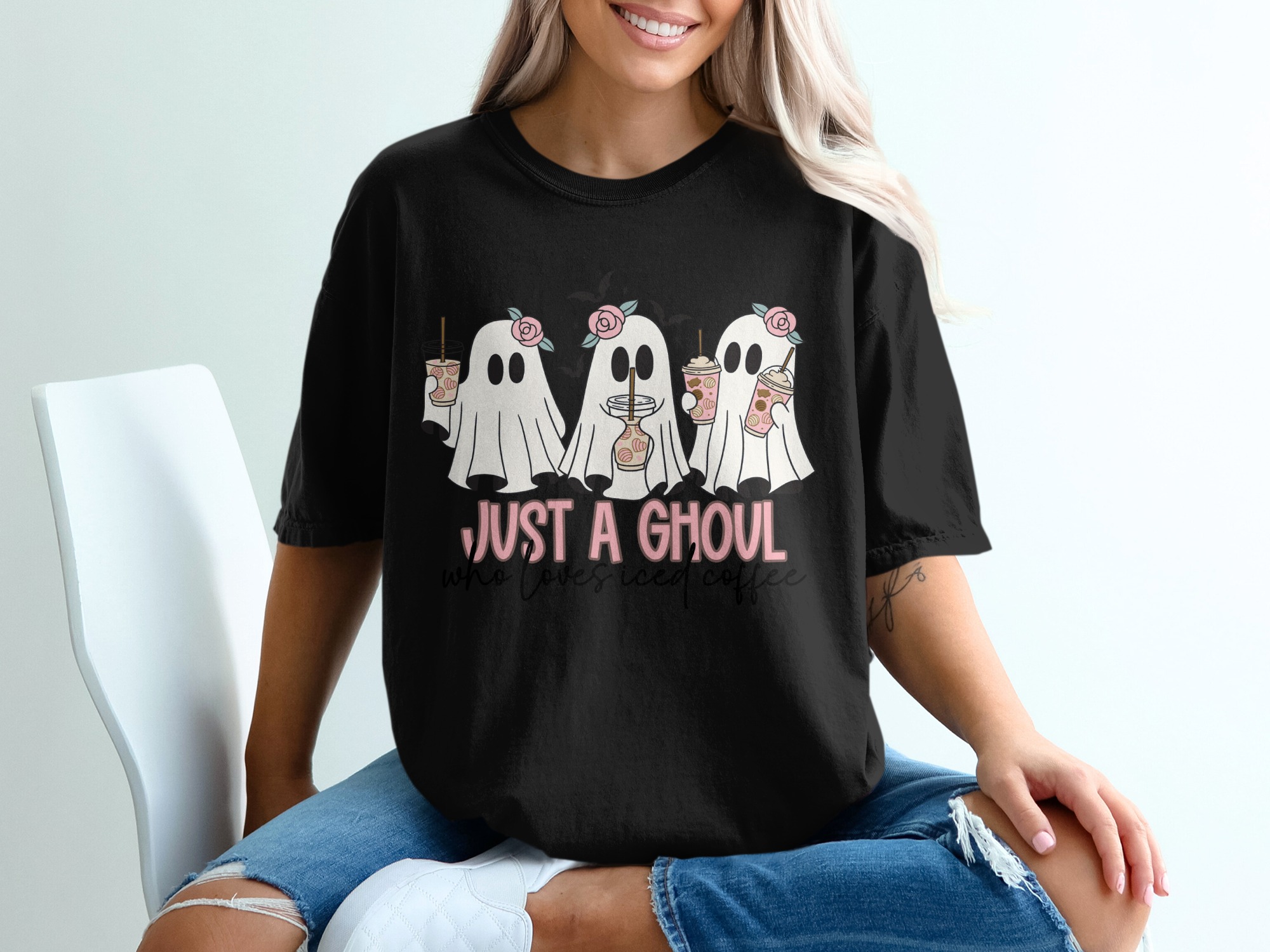 Just A Ghoul T-Shirt, Cute Halloween Shirt, Spooky Season Top, Ghost with Drink Tee, Fall Apparel, Trendy Ghost Shirt, Halloween Party - Image 2