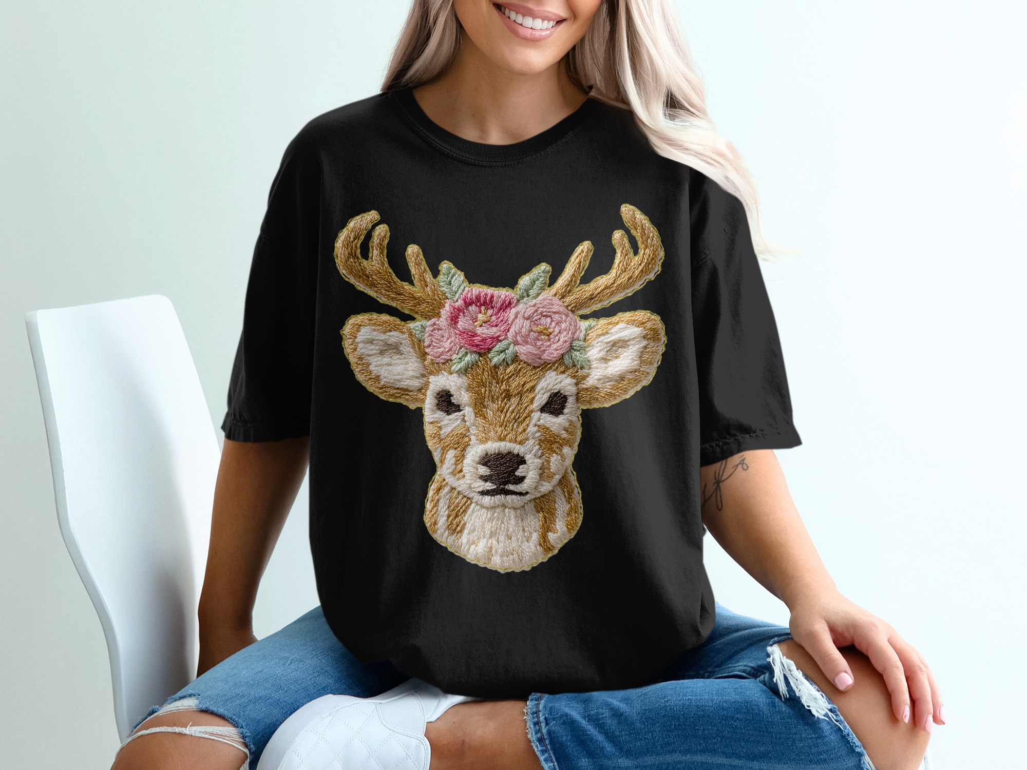 Floral Deer T-Shirt, Embroidered Style Animal Tee, Whimsical Flower Crown Shirt, Nature Lover Gift, Deer Head Apparel - Image 2