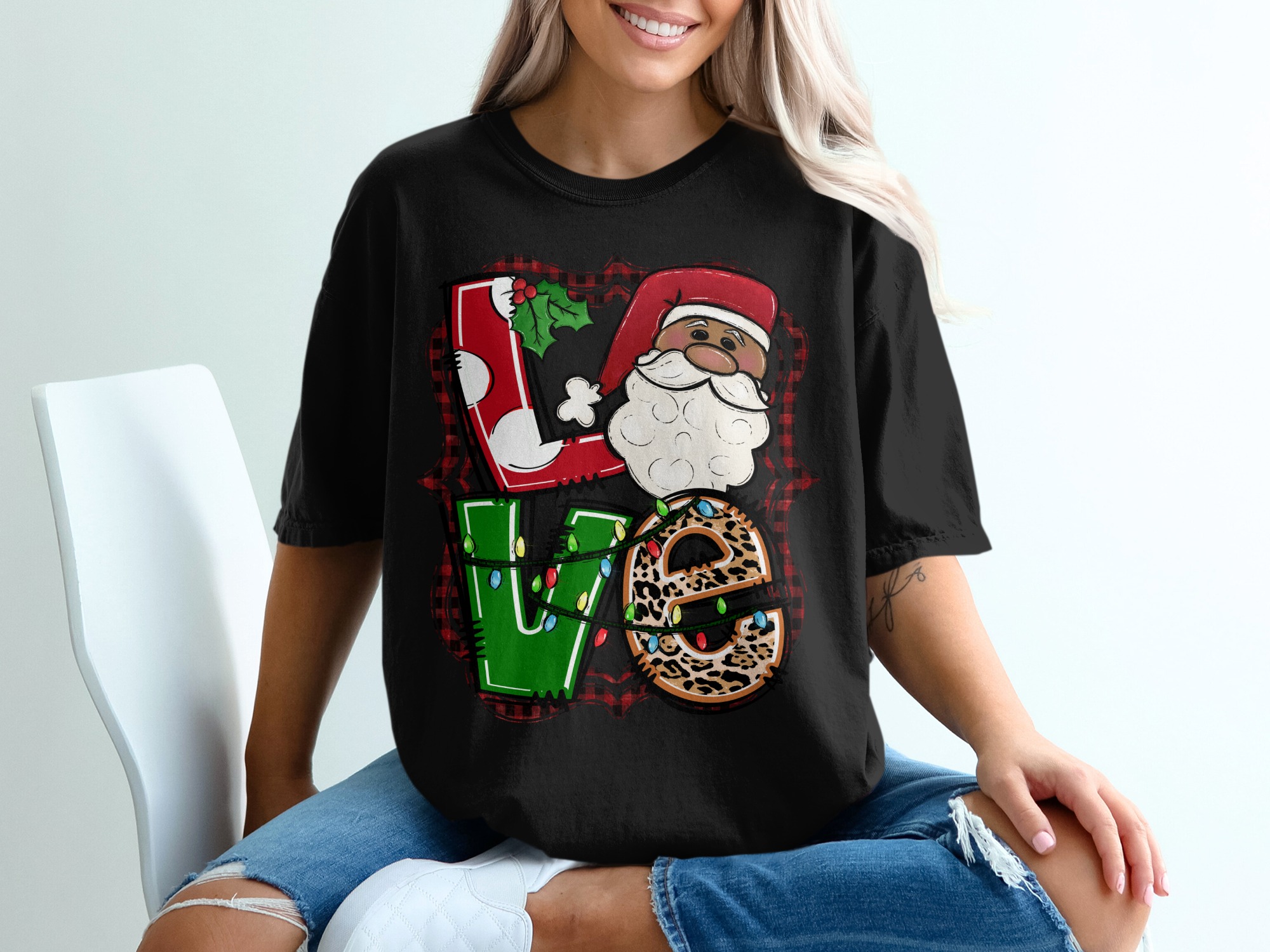 Christmas Love T-Shirt, Santa T-Shirt, Leopard Print T-Shirt, Holiday Shirt, Cute Christmas Shirt, Christmas Lights T-Shirt - Image 2