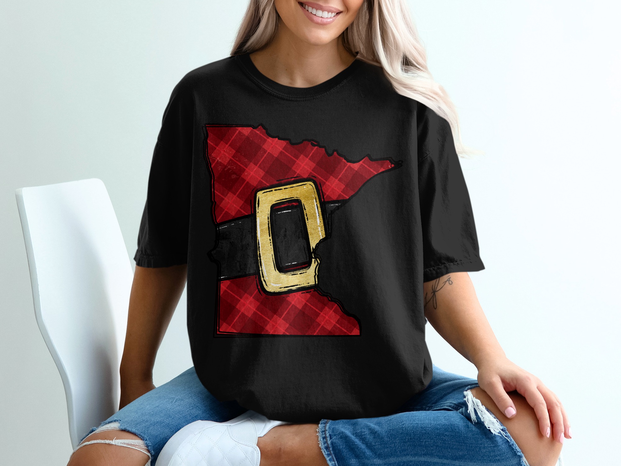 Minnesota Christmas T-Shirt, Plaid MN State, Santa Belt Shirt, Holiday MN Pride Tee, Festive State Shape Gift, Minnesota Lover Apparel - Image 2