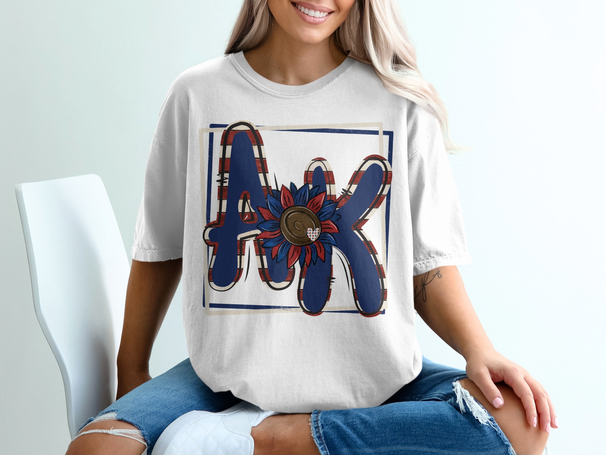 AK T-Shirt, Monogram Shirt, Patriotic Sunflower, USA Theme Tee, Distressed Look, Initial T-Shirt, Custom Gift, America T-Shirt