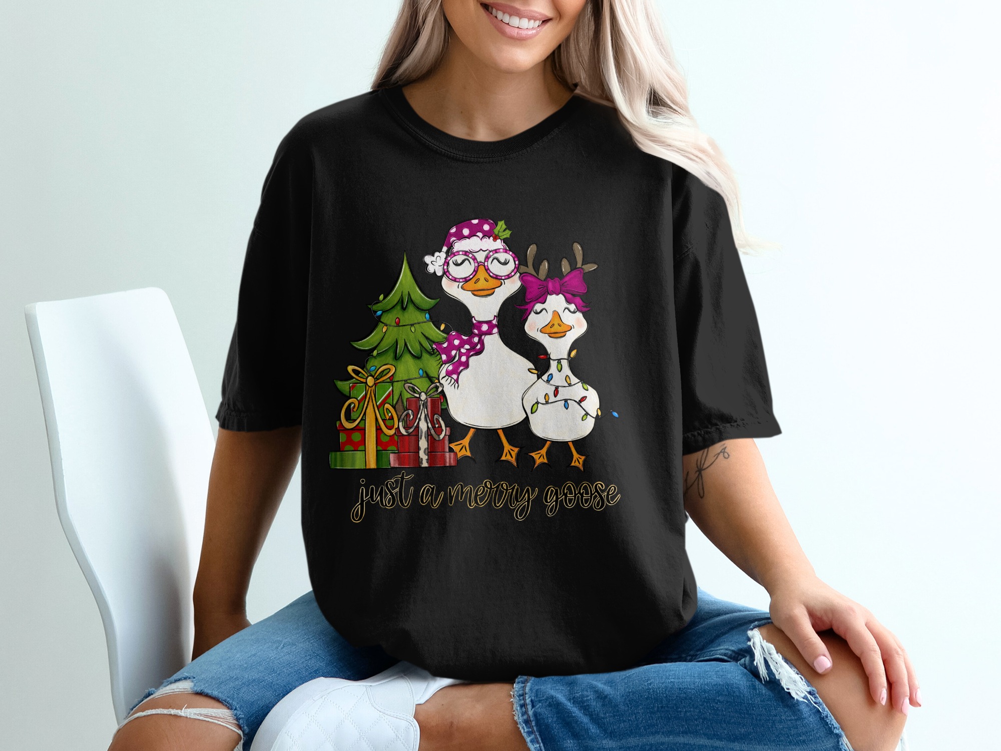 Just a Merry Goose T-Shirt, Christmas Goose Tee, Holiday Tee, Festive Geese, Holiday Gift, Goose Lovers Gift - Image 2