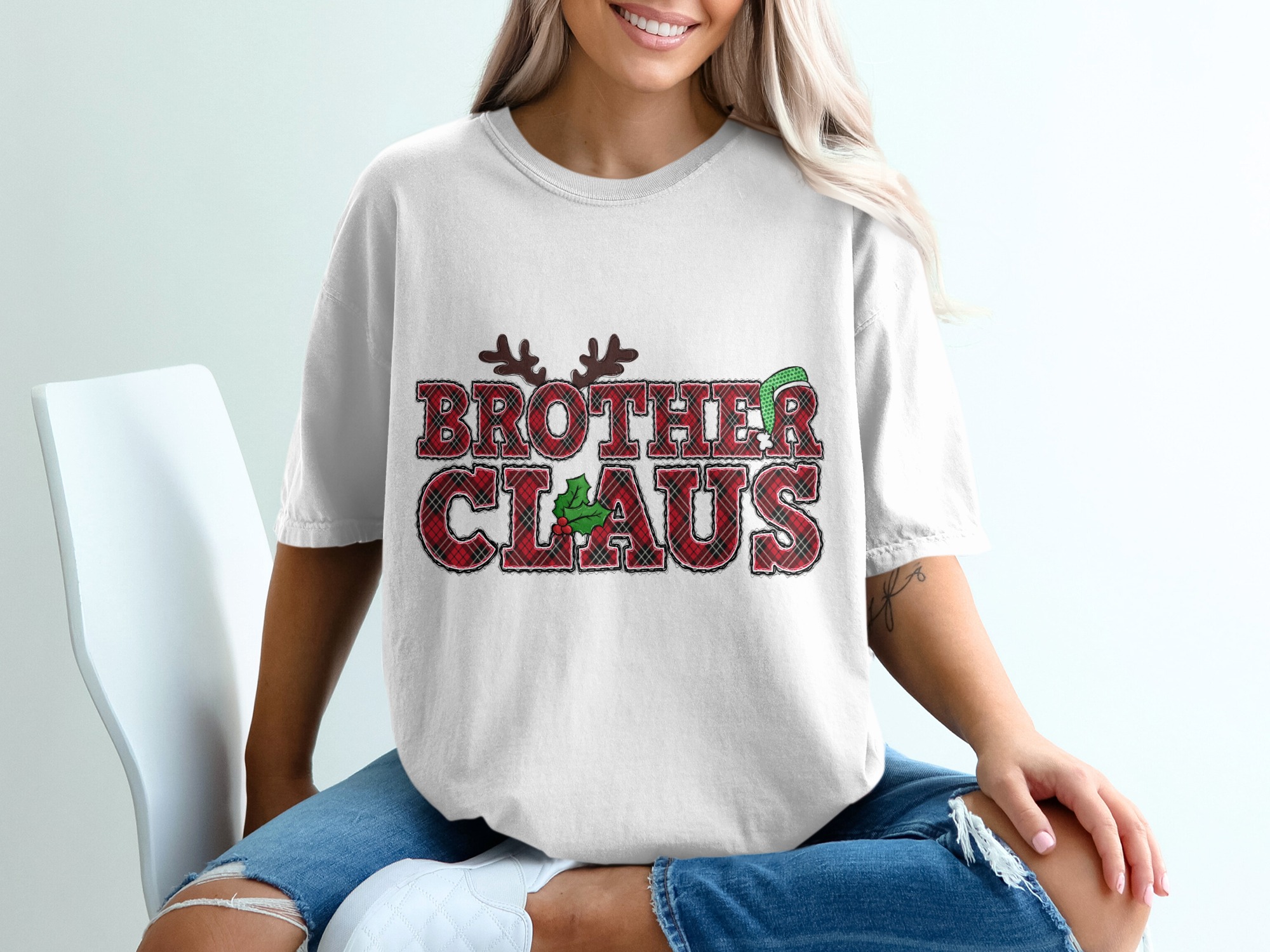 Brother Claus T-Shirt, Christmas Apparel, Festive Shirt, Reindeer Antlers, Plaid T-Shirt, Holiday Outfit, Family Matching Shirts