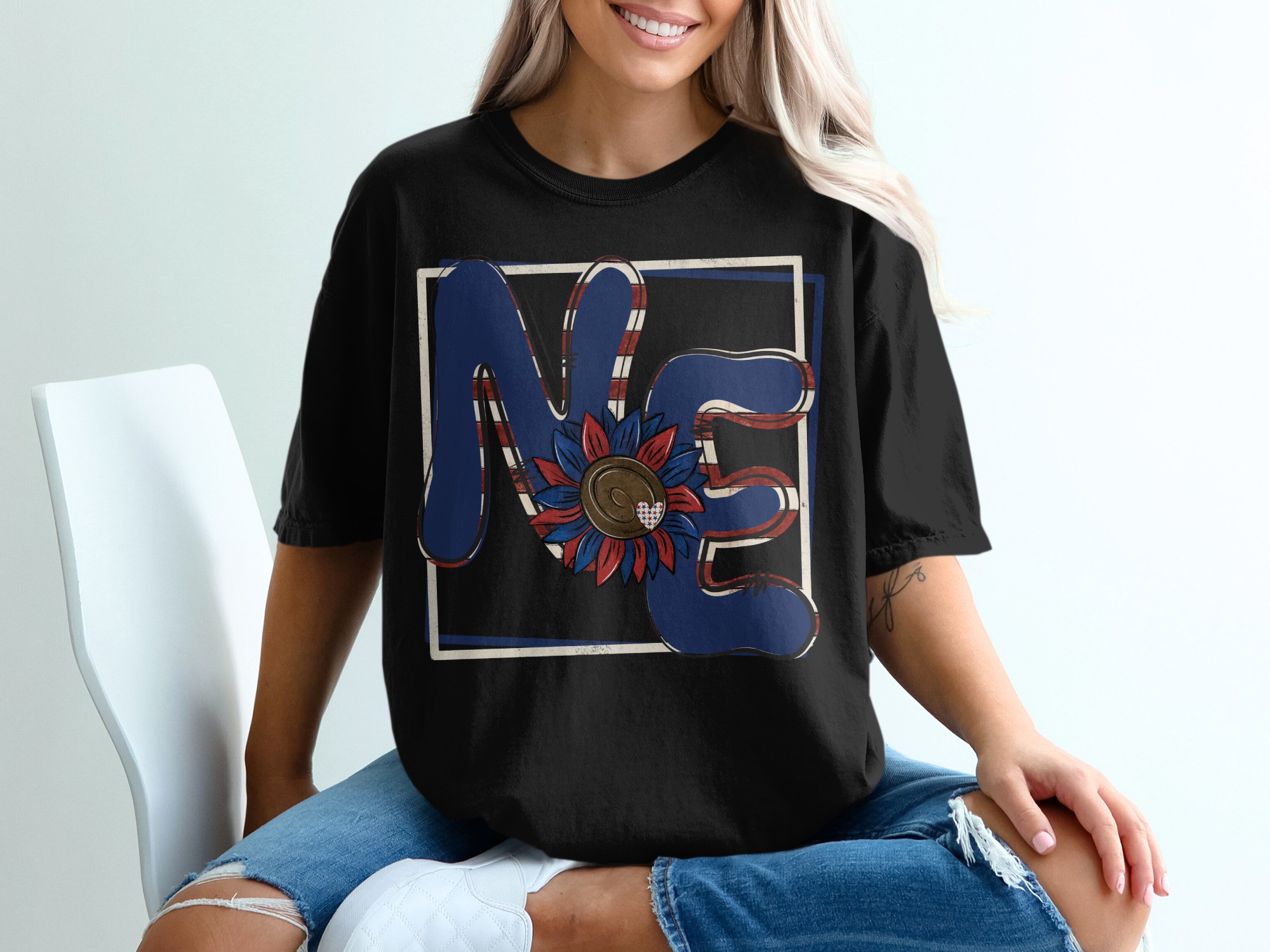 NE T-Shirt, Patriotic Sunflower Tee, USA Flag Inspired Graphic, State Pride Apparel, Nebraska Souvenir, Red White Blue Shirt, Gift Idea - Image 2