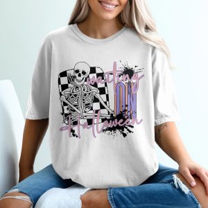 Waiting On Halloween T-Shirt, Funny Skeleton Tee, Checkerboard Halloween Shirt, Spooky Season Apparel, October Gift Idea