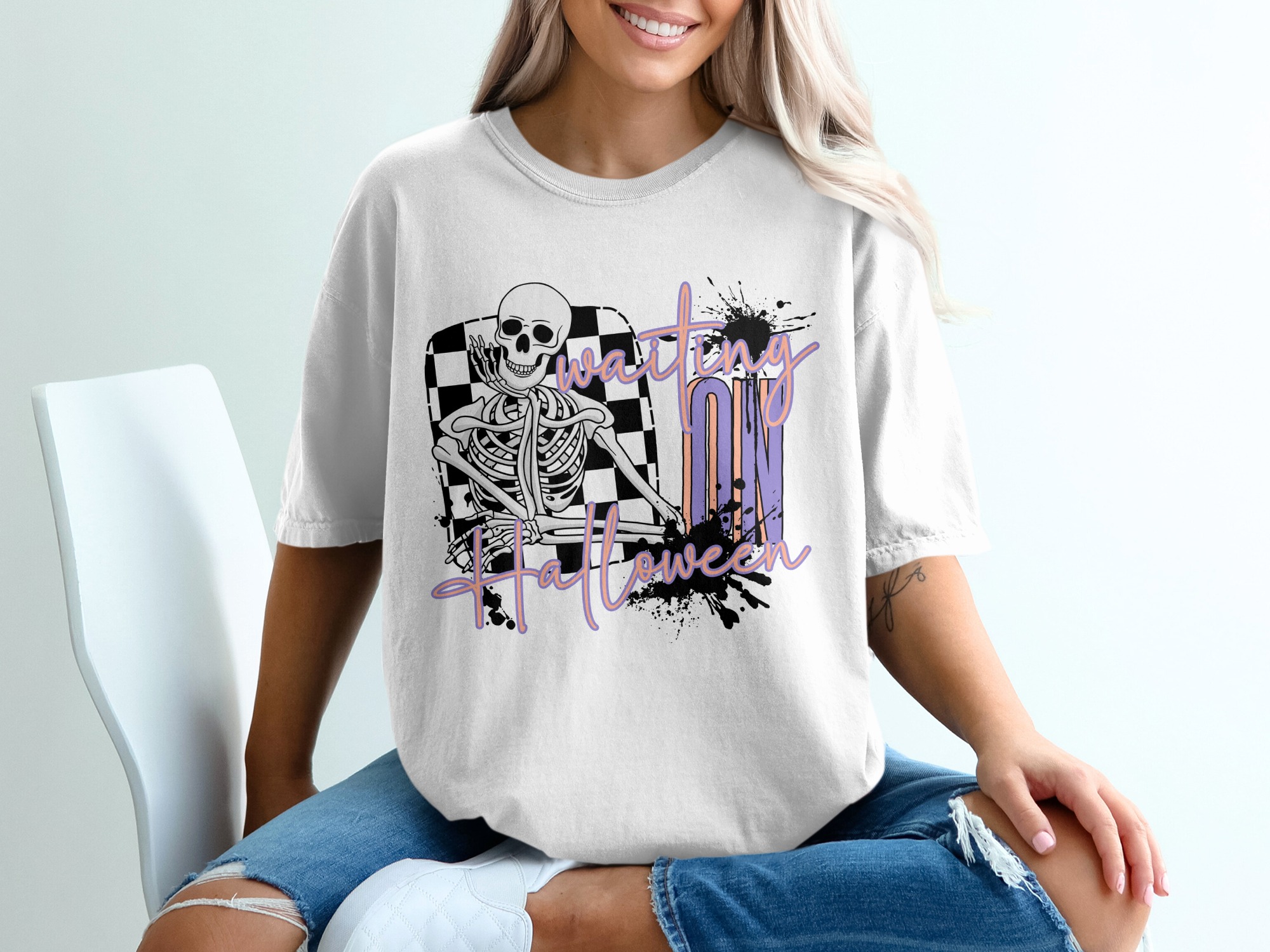 Waiting On Halloween T-Shirt, Funny Skeleton Tee, Checkerboard Halloween Shirt, Spooky Season Apparel, October Gift Idea