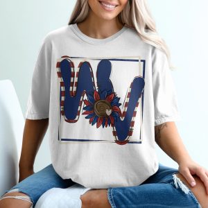 Patriotic W T-Shirt, Initial W Tee, American Flag Letter Shirt, Sunflower Heart, 4th of July T Shirt, USA Pride Shirt, Monogram Gift Idea
