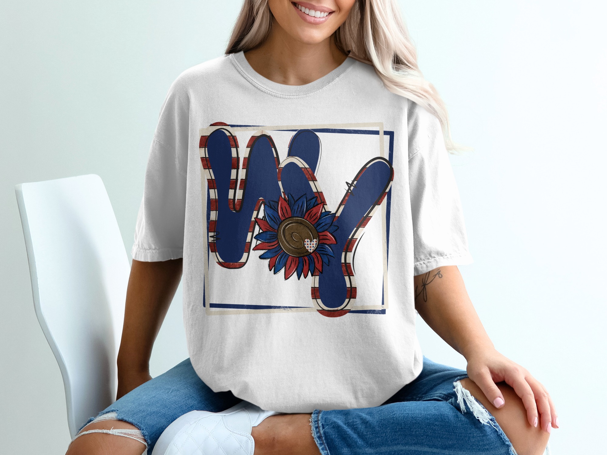 WY Sunflower Patriotic T-Shirt, USA Flag T-Shirt, American Pride Tee, Patriotic Gift, Country Girl Shirt, Fourth of July T-Shirt