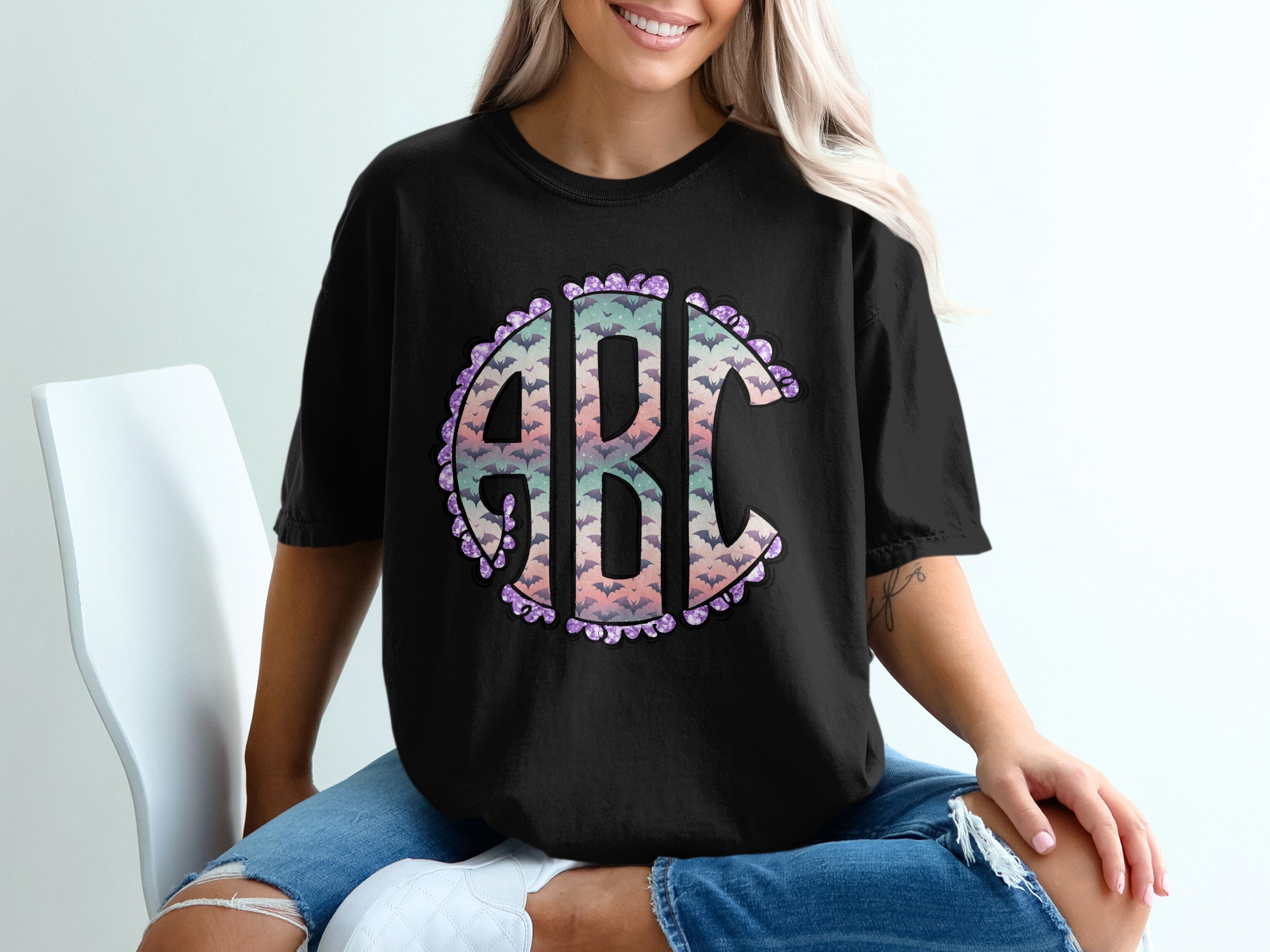 ABC Monogram T-Shirt, Halloween Bats Tee, Glitter Circle Initial Shirt, Personalized Halloween Gift, Spooky Season Tshirt - Image 2