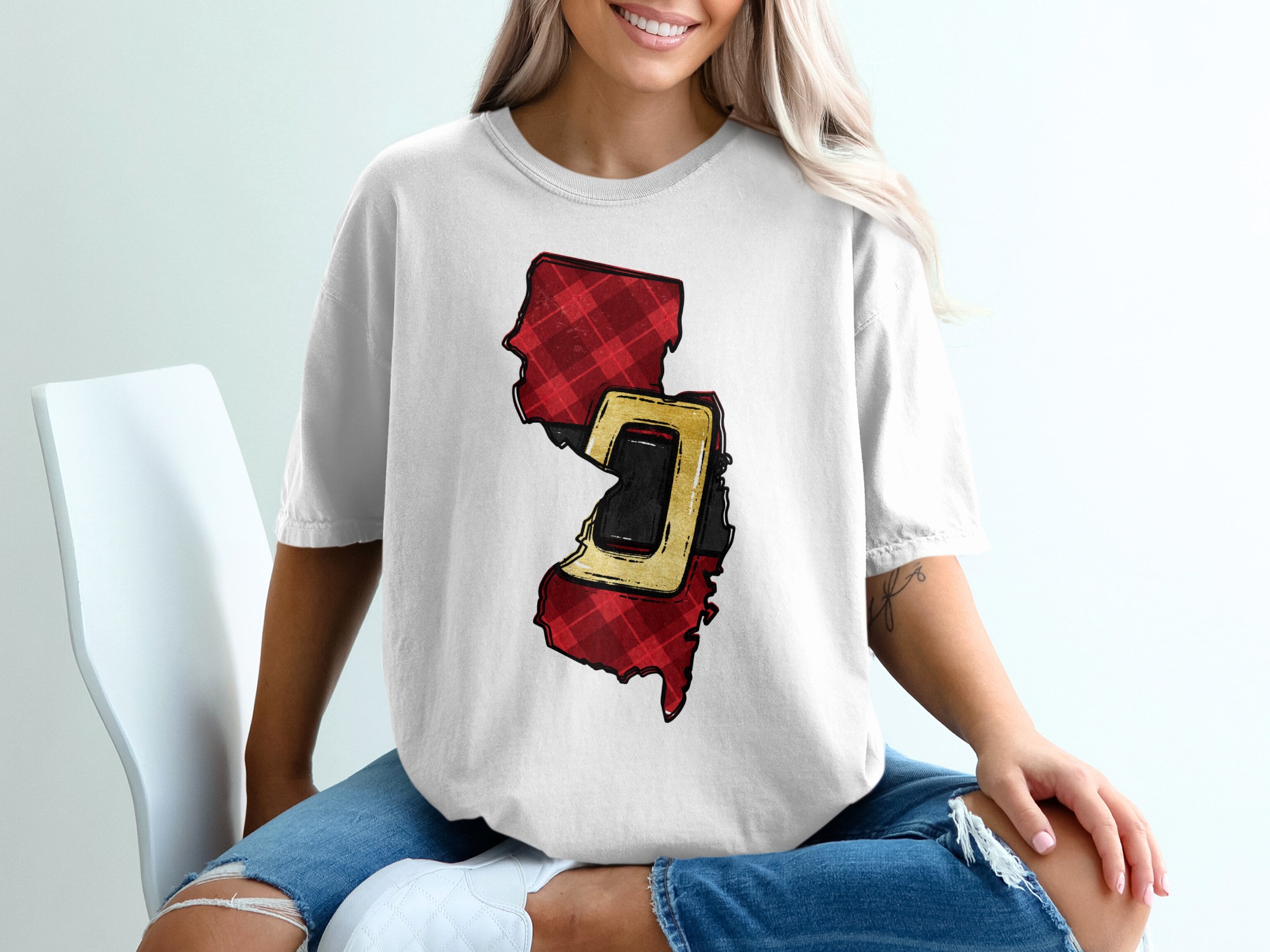 Jersey Santa Suit T-Shirt, Christmas Holiday, New Jersey Pride, Festive NJ Design, Unique Gift, Holiday Apparel, Santa Belt, Plaid