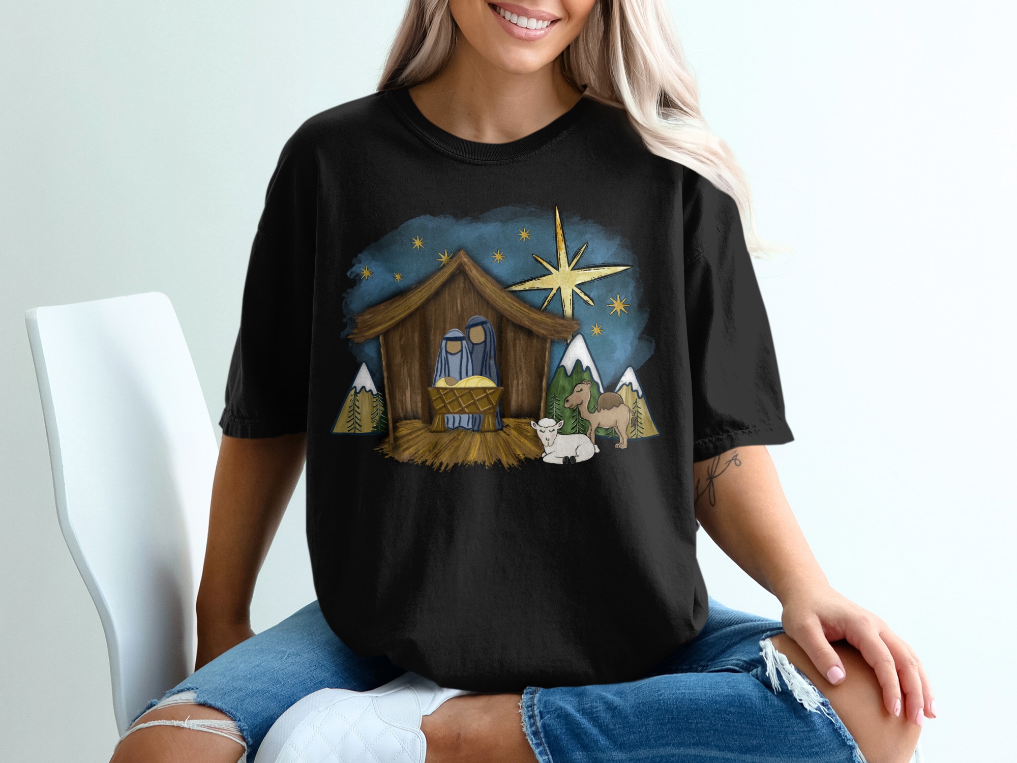Nativity Scene T-Shirt, Christmas T-Shirt, Manger Scene Tee, Holiday Shirt, Christian Apparel, Baby Jesus Shirt, Star of Bethlehem Tee - Image 2