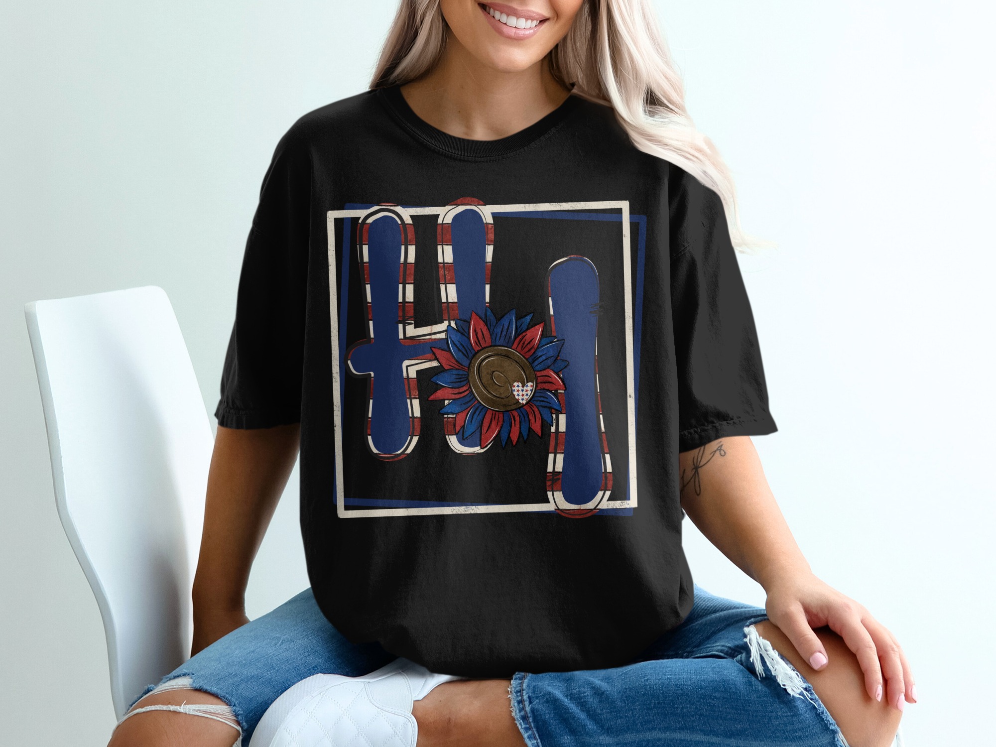 HI T-Shirt, Patriotic T-Shirt, Sunflower T-Shirt, American Flag T-Shirt, USA Shirt, Cute Summer Shirt, Gift For Her, Women Apparel - Image 2
