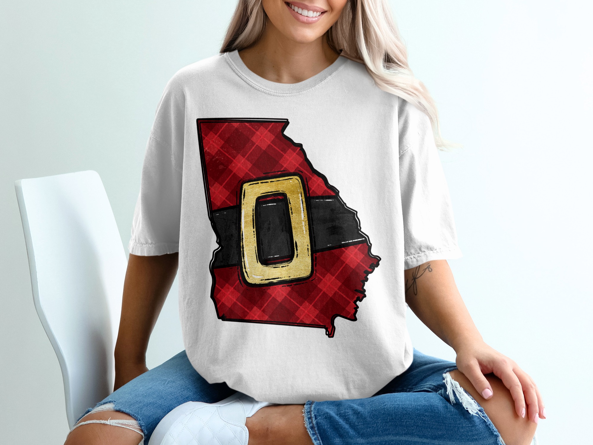 Georgia Santa Belt T-Shirt, Plaid Christmas Shirt, GA State Holiday Tee, Southern Christmas Gift, Christmas in Georgia, Xmas T Shirt