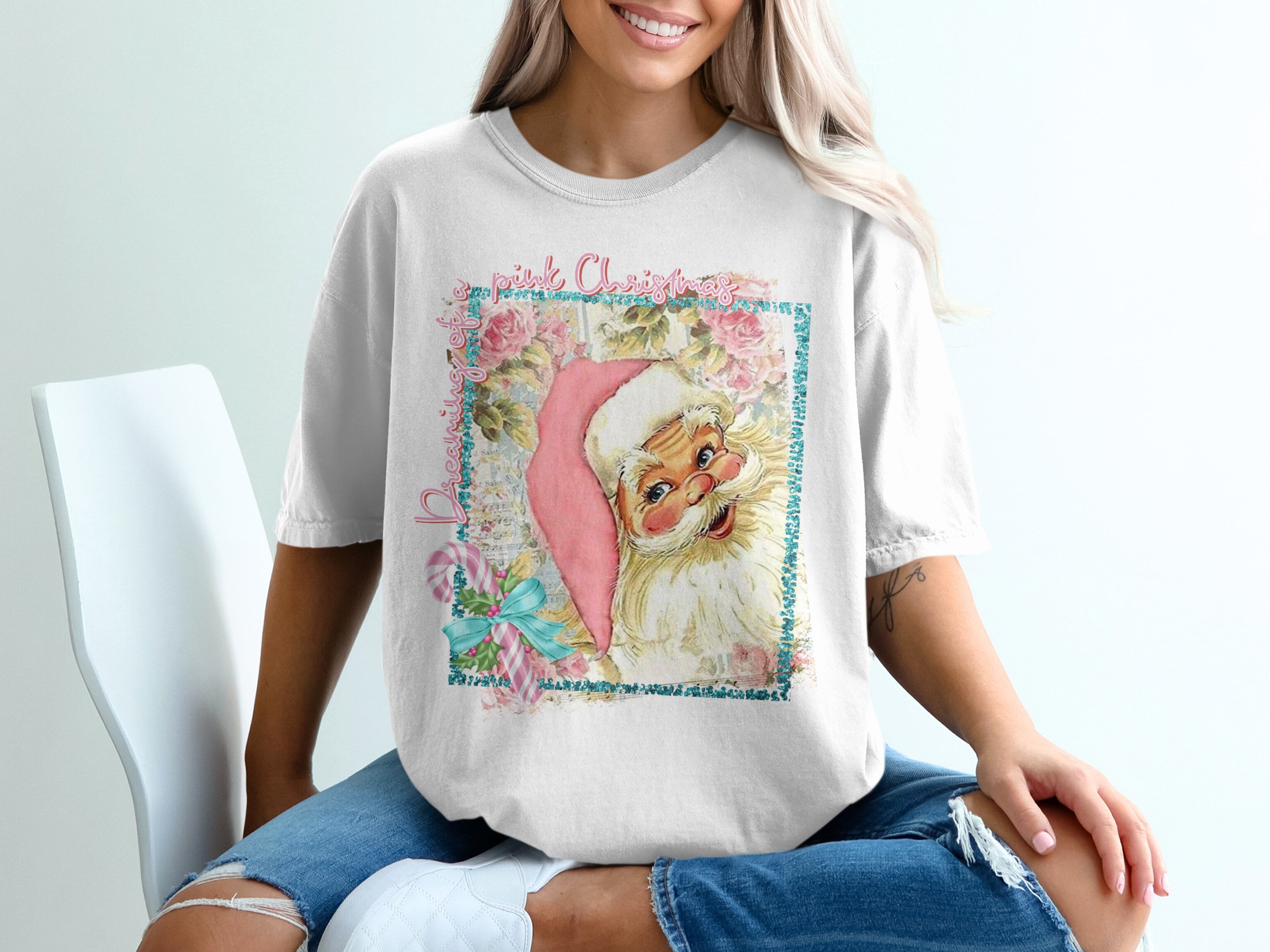 Pink Christmas T-Shirt, Vintage Santa Tee, Dreaming of Pink Holiday, Festive Shirt, Christmas in Pink, Holiday Outfit, Christmas Tee