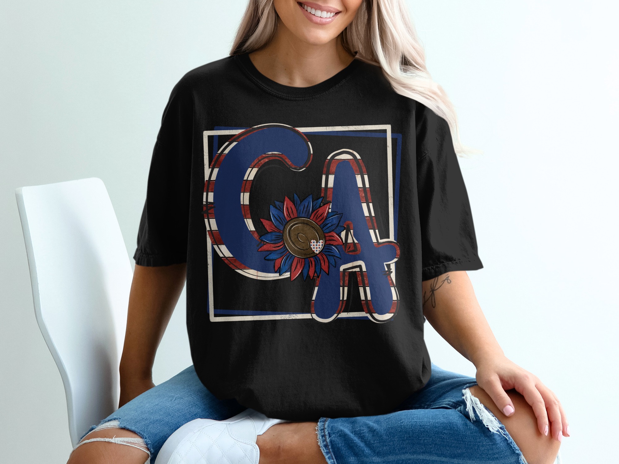 CA Sunflower T-Shirt, California Patriotic Tee, USA Pride Shirt, State Flower Art, Cute Summer TShirt, Patriotic Flower CA Design - Image 2