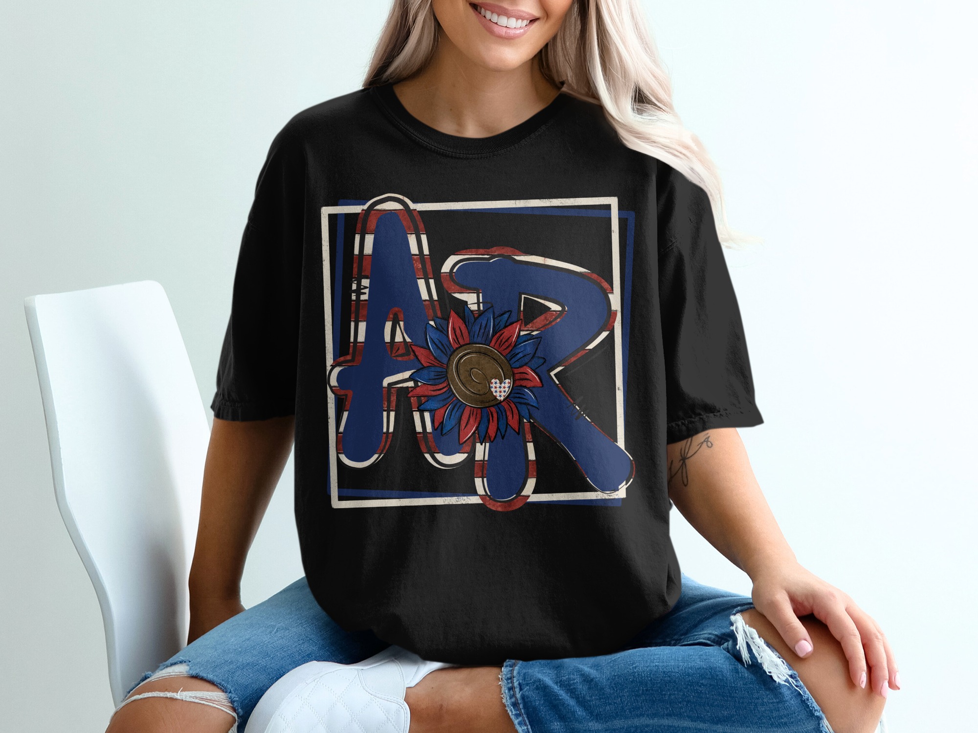AR Sunflower T-Shirt, American Flag Letters Tee, Patriotic Graphic Top, USA Pride Shirt, Red White Blue Flower, Country Style Tee - Image 2