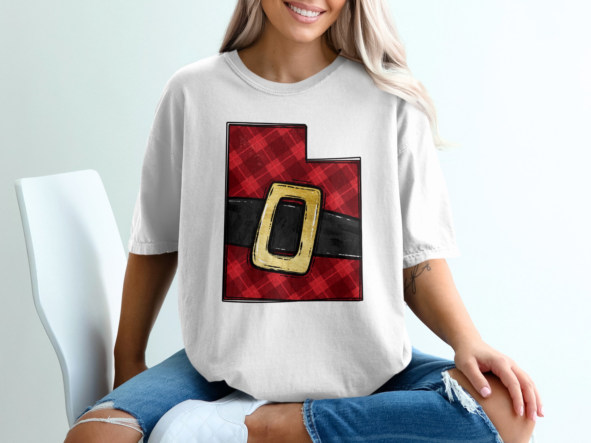 Utah Santa Belt T-Shirt, Red Plaid, Christmas Tee, Holiday Gift, State Pride, Novelty Top, Festive Design, Trendy Apparel