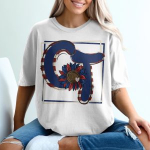 GT Monogram T-Shirt, Patriotic Sunflower Shirt, American Flag Initial, Red White Blue Shirt, USA Summer Tee, Independence Day Gift
