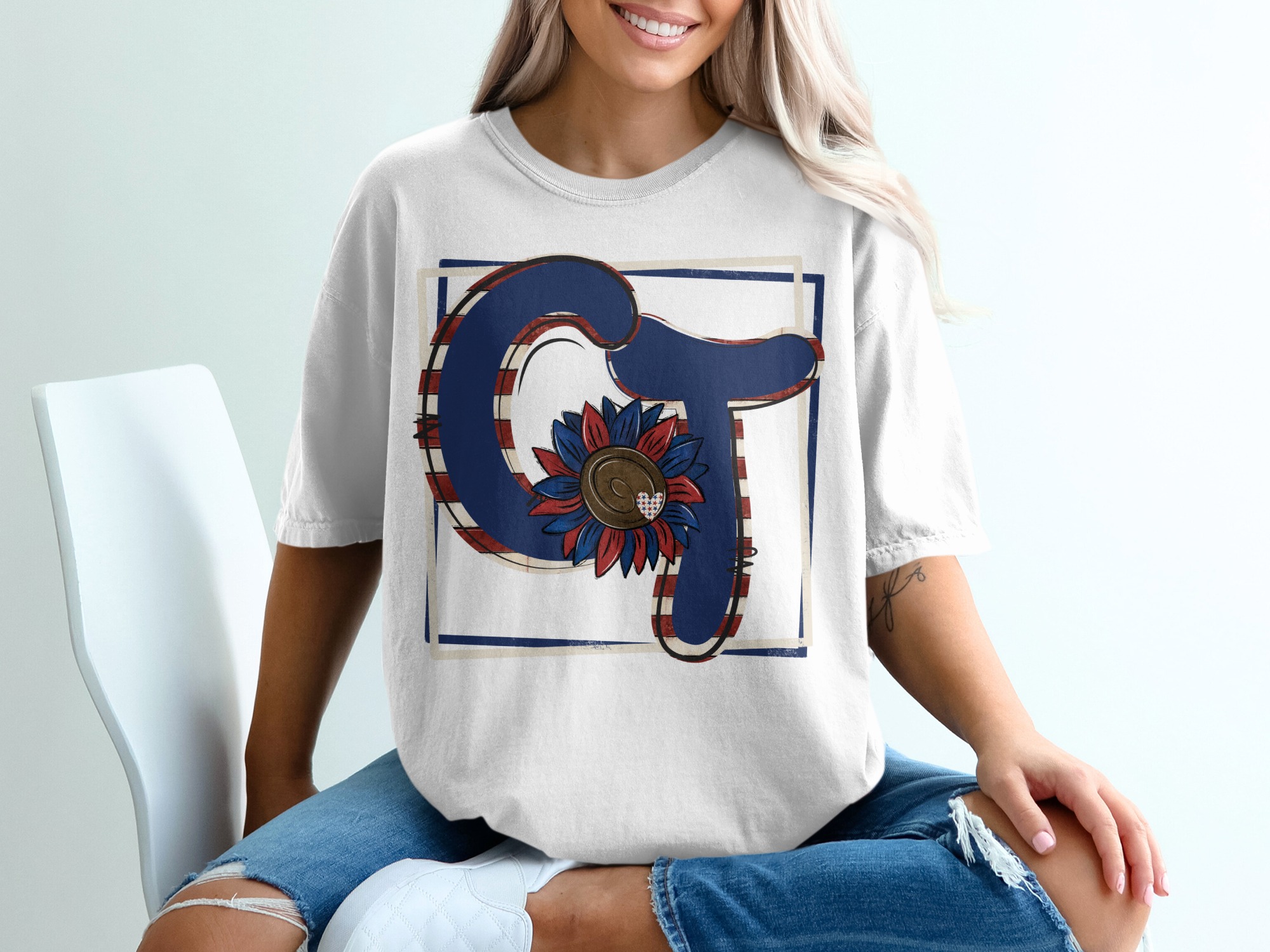 GT Monogram T-Shirt, Patriotic Sunflower Shirt, American Flag Initial, Red White Blue Shirt, USA Summer Tee, Independence Day Gift