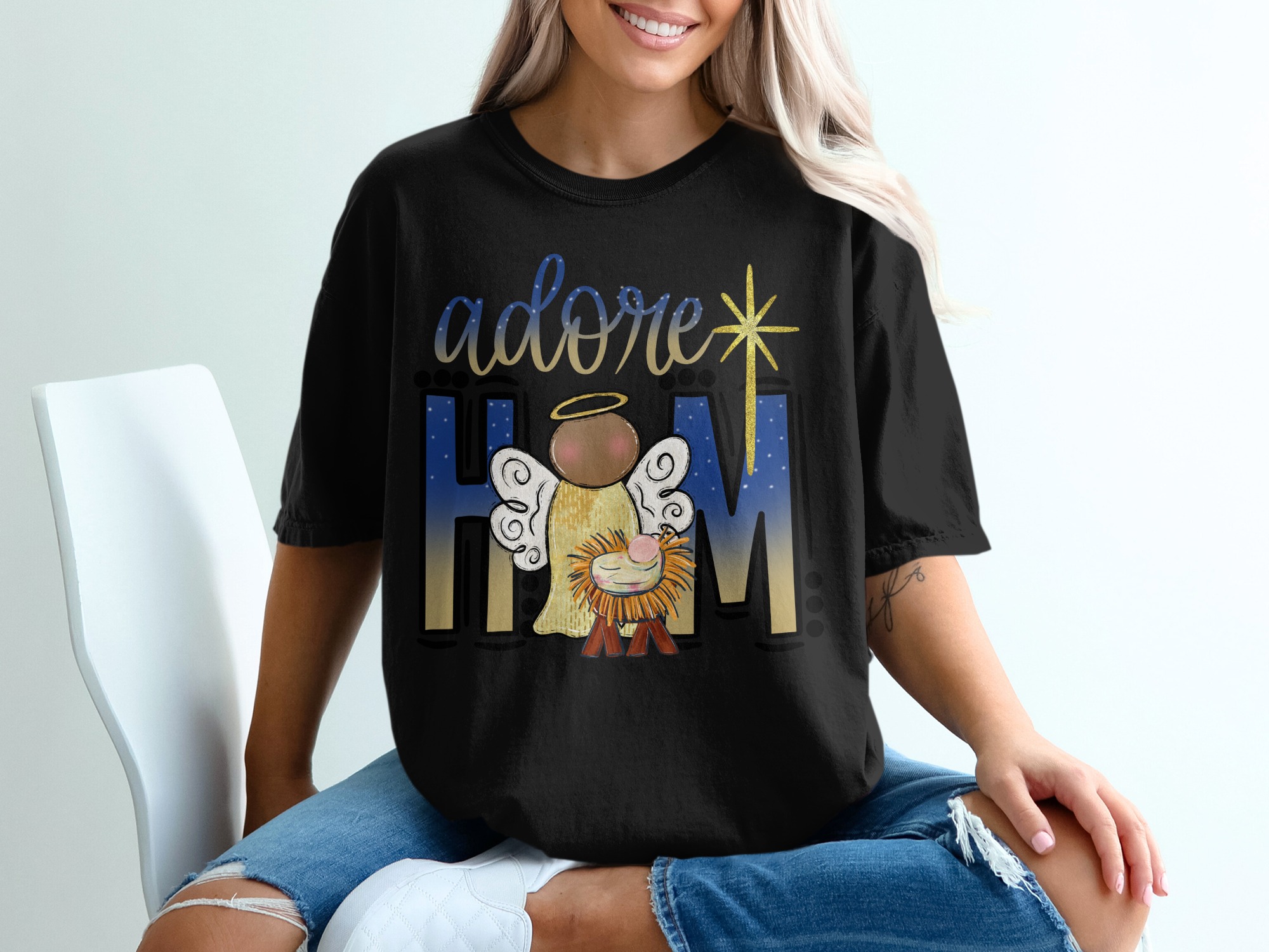 Adore Him T-Shirt, Christmas T-Shirt, Angel and Baby Jesus Shirt, Nativity Scene, Christian Shirt, Holiday T-Shirt, Cute Christmas Shirt - Image 2