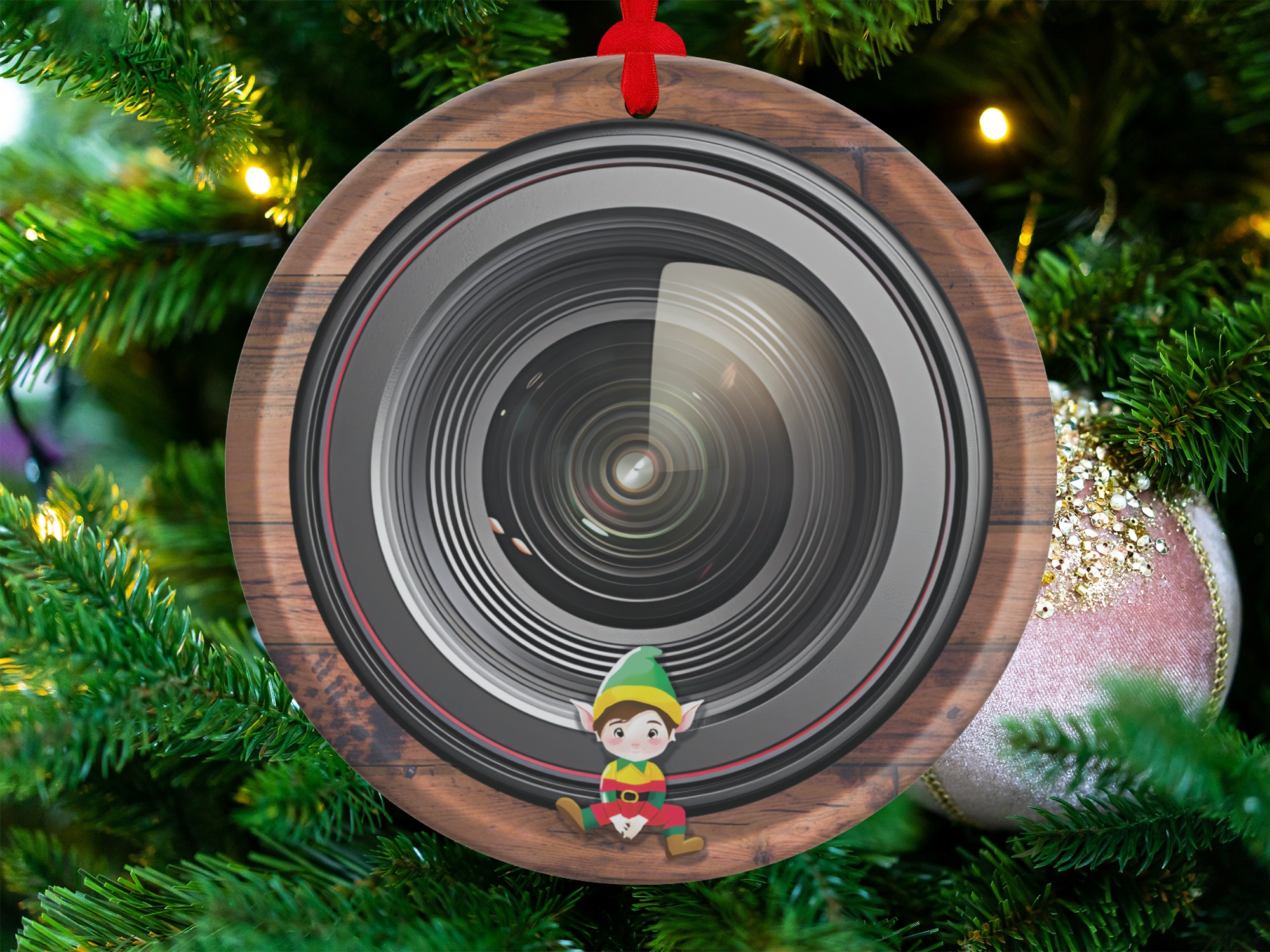 Elf Camera Lens Ornament, Holiday Photographer Gift, Christmas Ornament, Cute Elf Decor, Photo Hobby Ornament, Unique Tree Decor