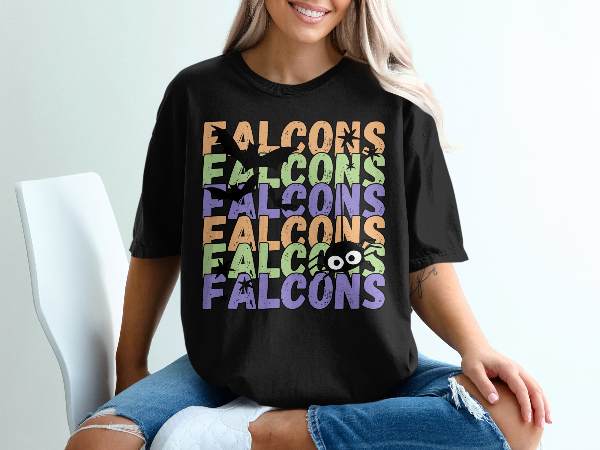 Falcons Halloween T-Shirt, Spooky Season Tee, Bat Star Spider Shirt, Trendy Holiday Apparel, Gift for Halloween Lovers, Fall Theme - Image 2