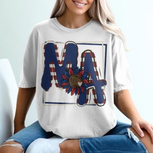 MA T Shirt, Patriotic Sunflower T Shirt, USA Initial Tee, Red White Blue, Graphic T Shirt, American Flag, Monogram T Shirt, Custom Initial
