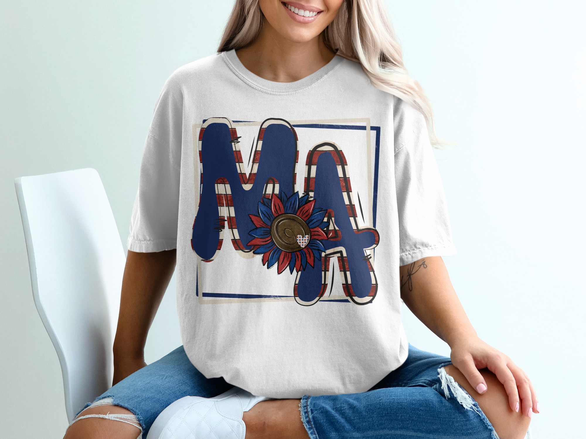 MA T Shirt, Patriotic Sunflower T Shirt, USA Initial Tee, Red White Blue, Graphic T Shirt, American Flag, Monogram T Shirt, Custom Initial