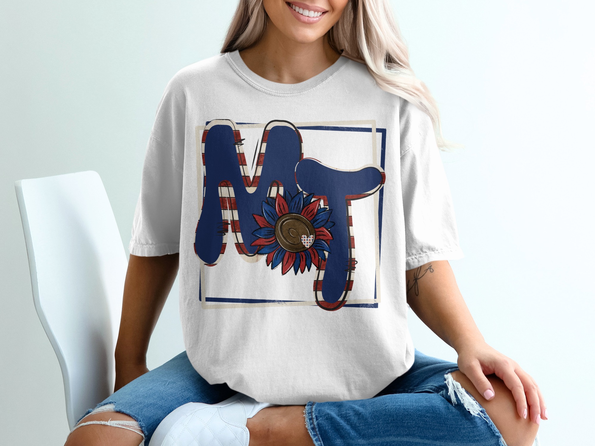 MT Sunflower T-Shirt, Patriotic Tee, America Flag Letters, Floral Design, Independence Day Gift, USA Pride, Trendy Shirt
