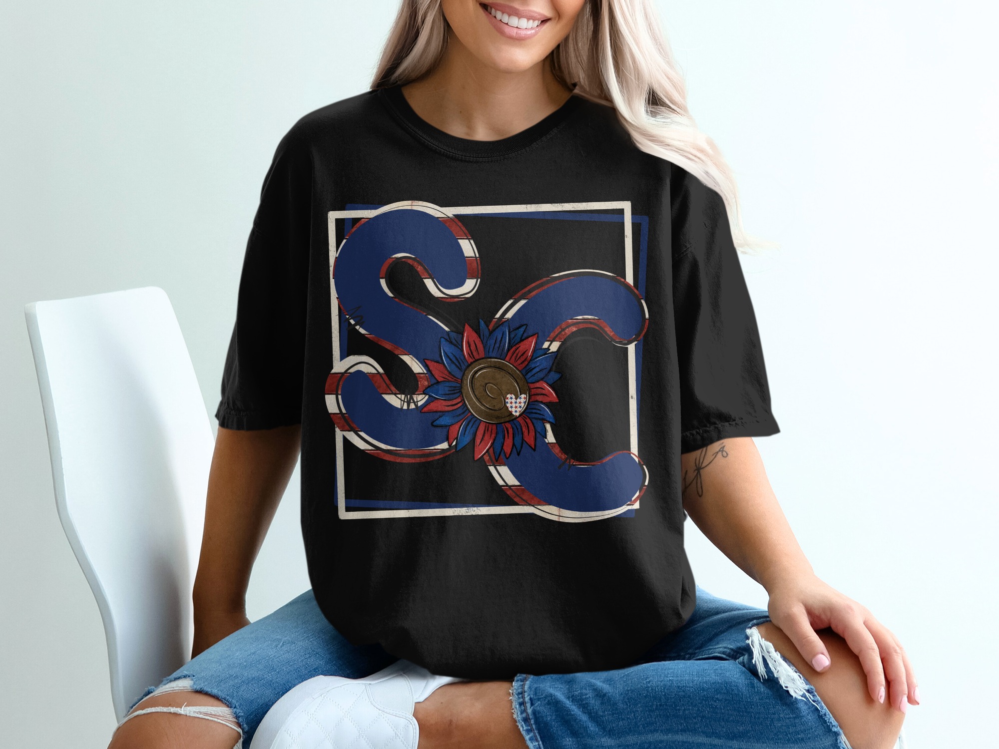 Patriotic Sunflower T-Shirt, SC Initials, Red White and Blue, Floral Tee, USA Pride, American Flag Heart, Gift for Her, Summer Top - Image 2