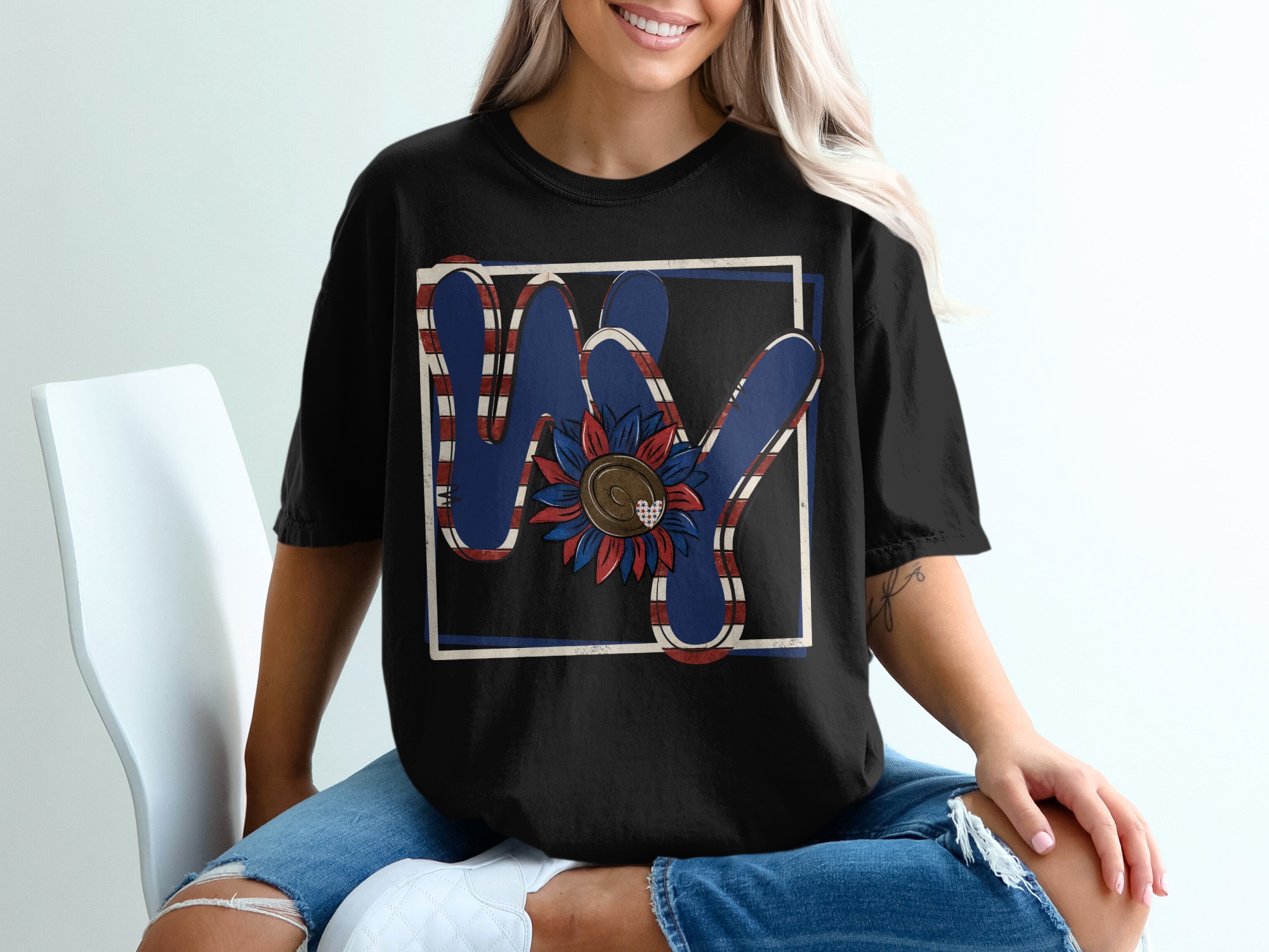 WY Sunflower Patriotic T-Shirt, USA Flag T-Shirt, American Pride Tee, Patriotic Gift, Country Girl Shirt, Fourth of July T-Shirt - Image 2