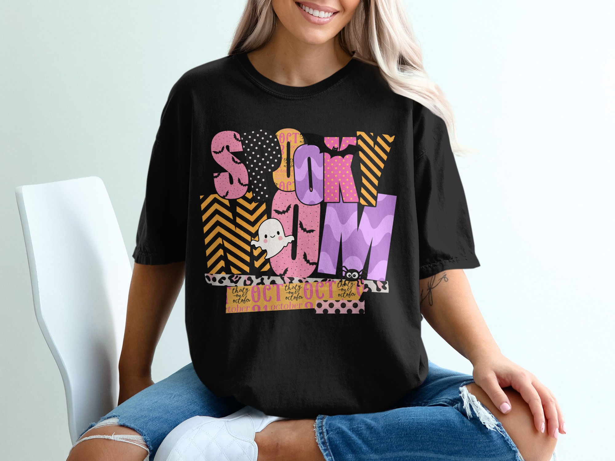 Spooky Mom T-Shirt, Halloween Shirt, Mom T-Shirt, Cute Ghost Tee, Bat Shirt, Halloween Mom, October 31, Halloween Costume T-Shirt - Image 2