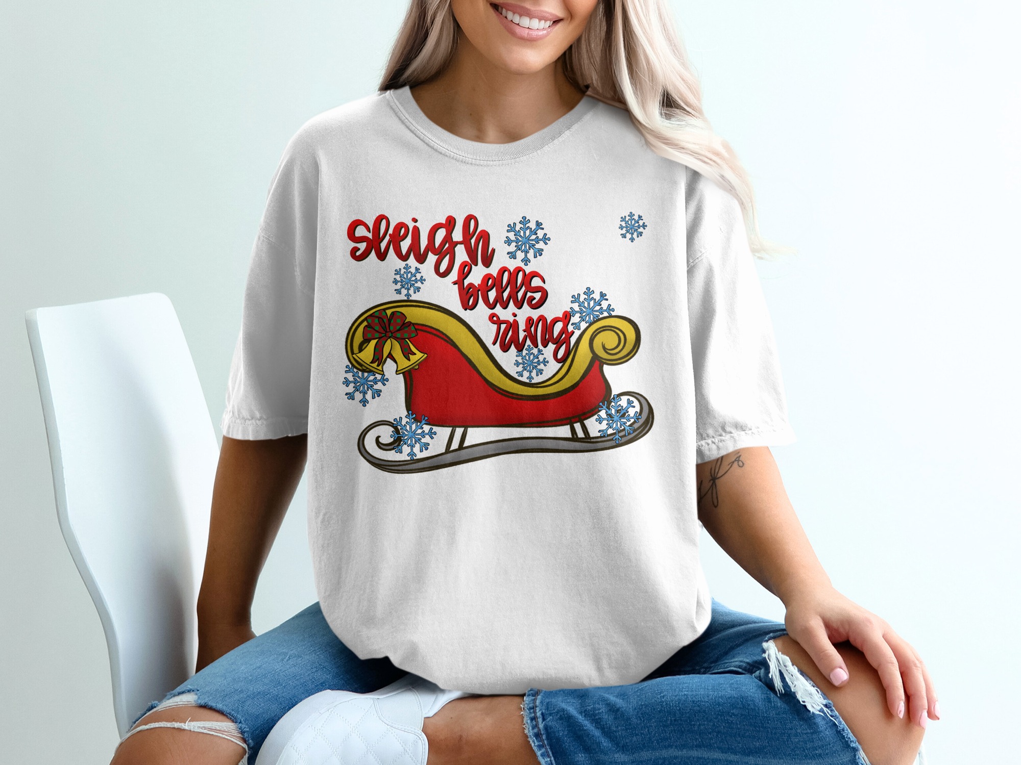 Sleigh Bells Ring T-Shirt, Christmas Holiday Shirt, Winter Snowflakes T Shirt, Festive Season T-Shirt, Xmas Gift Tee, Holiday Party Apparel