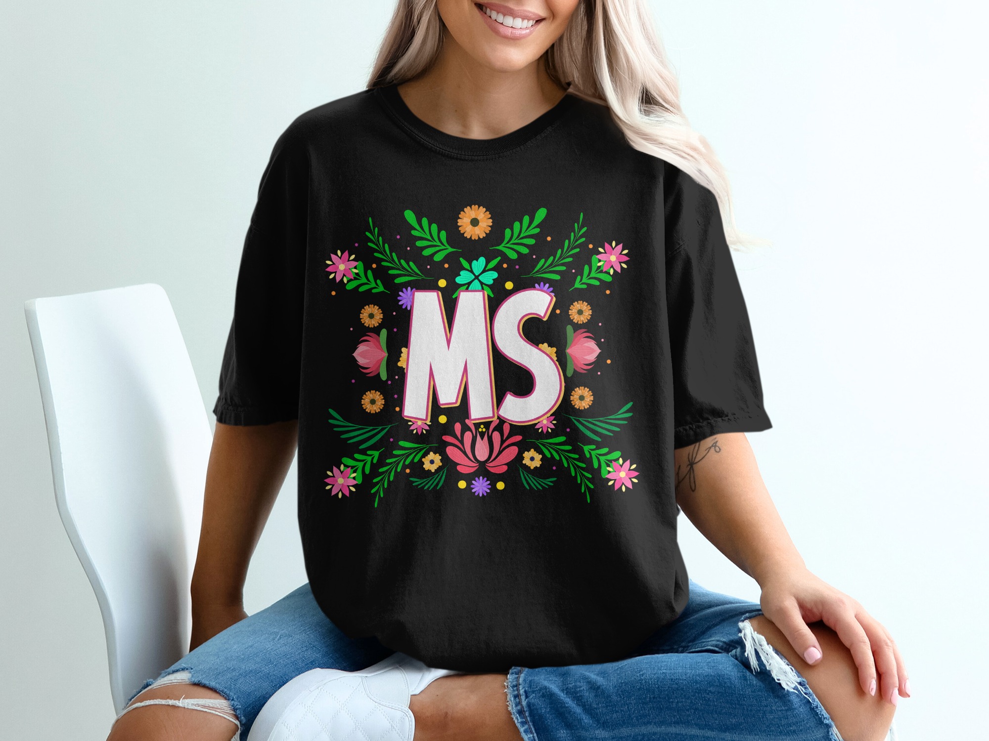 Floral MS T-Shirt, Personalized MS Initial Tee, Custom Letter Shirt, Monogram T Shirt, Flower Design T-Shirt, Floral Initial Gift - Image 2