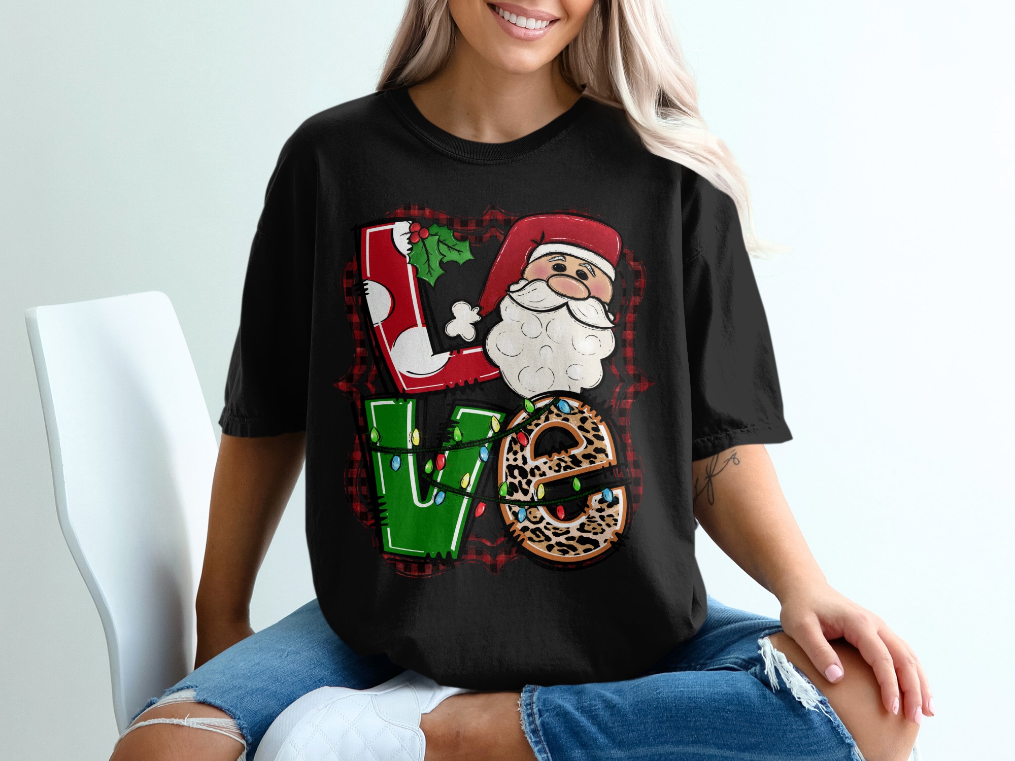 Christmas LOVE Santa T-Shirt, Holiday T Shirt, Leopard Christmas T Shirt, Holiday Gift Tee, Holiday Apparel, Christmas Lights Shirt - Image 2
